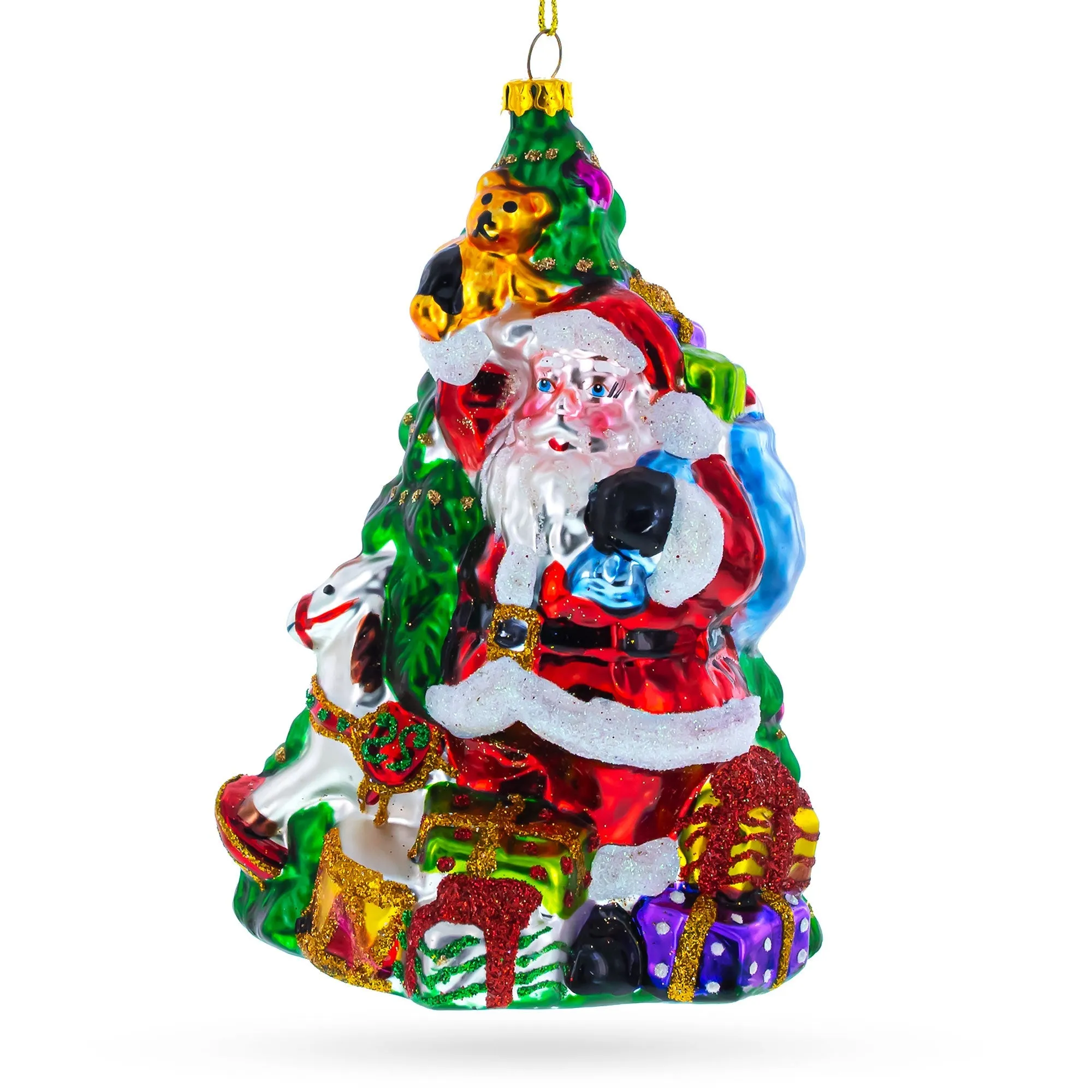 Jolly Santa Presenting Gifts Beside Christmas Tree - Blown Glass Ornament