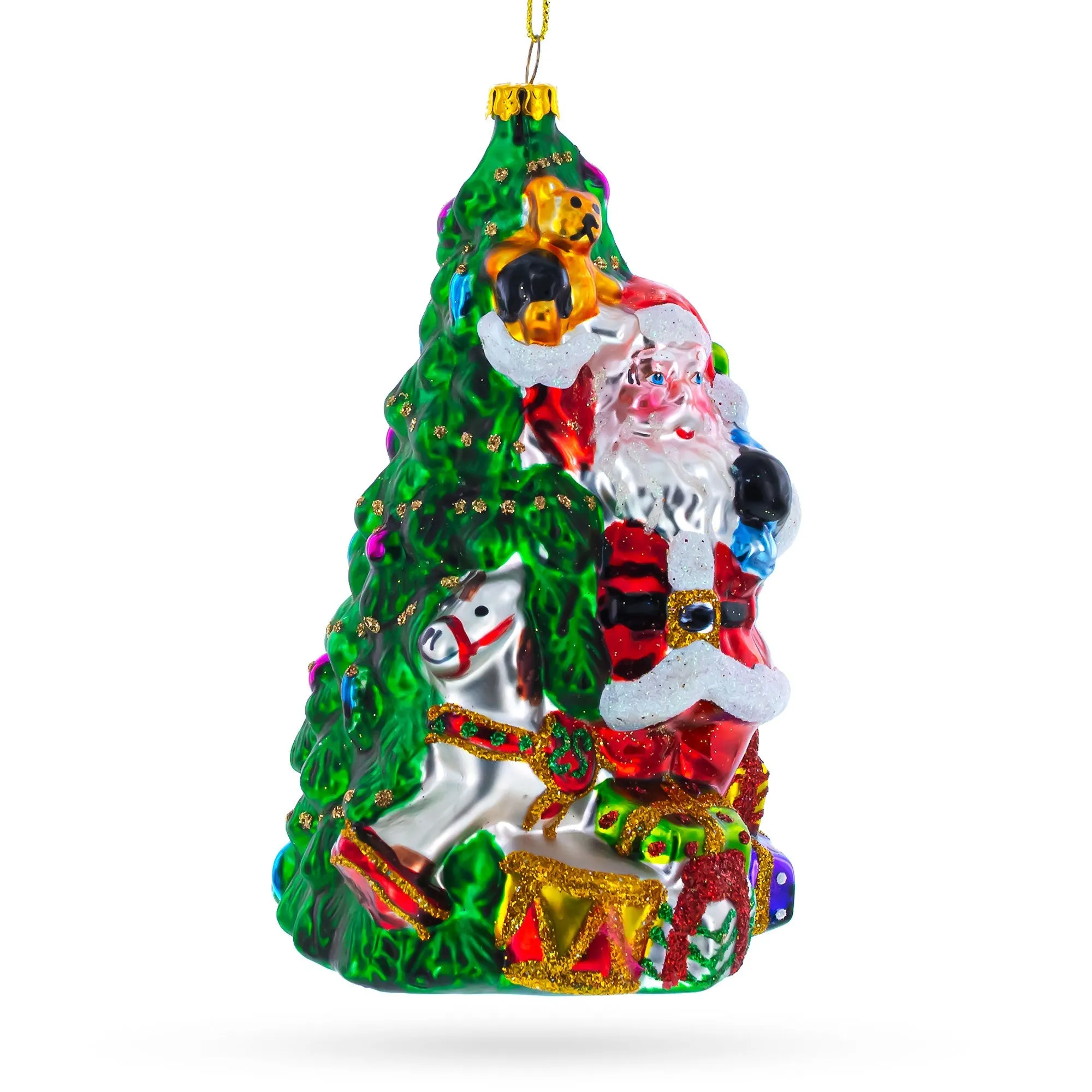 Jolly Santa Presenting Gifts Beside Christmas Tree - Blown Glass Ornament