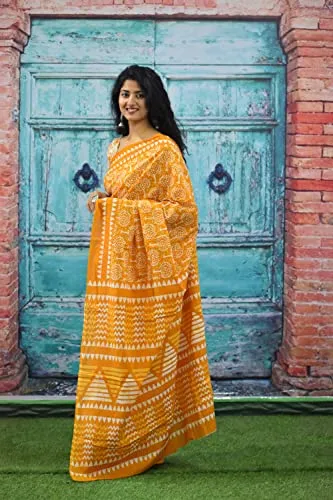 Kiaaron Women's Ikat Hand Block Print Jaipuri Cotton Mulmul Saree with Blouse Piece - Yellow_61