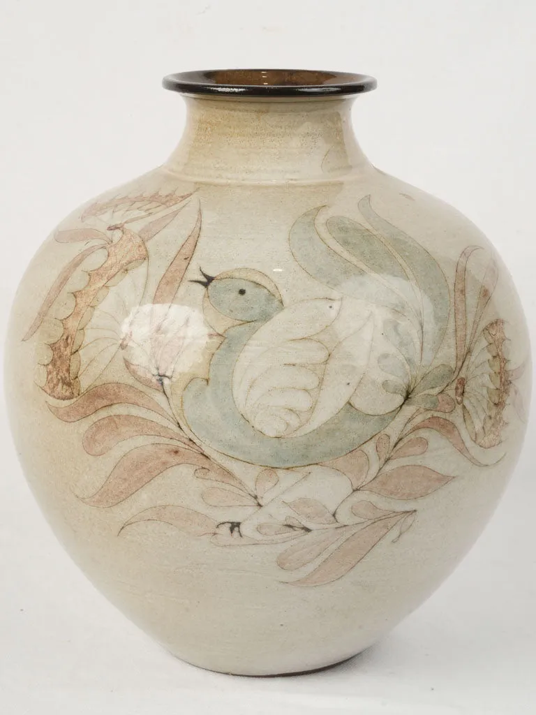 Large Vase w/ Bird & Floral Motifs by Michel Bailly - 1970s 13½"