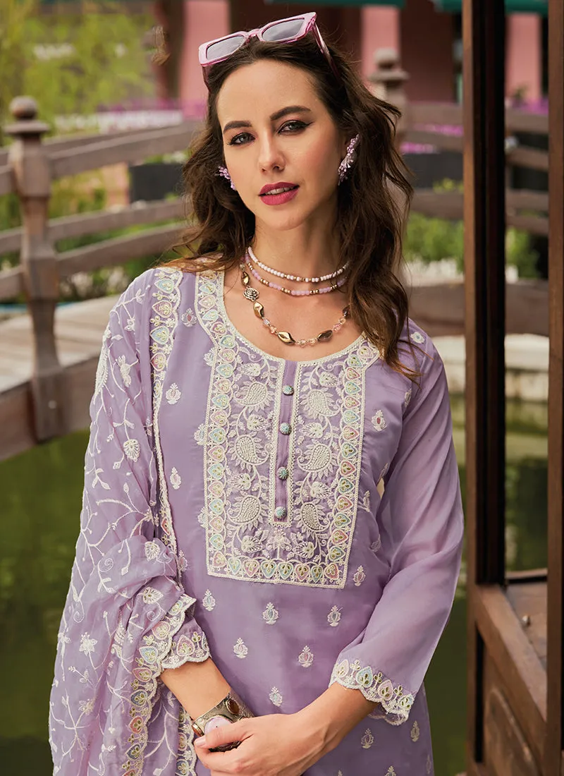 Lavender Traditional Embroidery Pant Style Suit