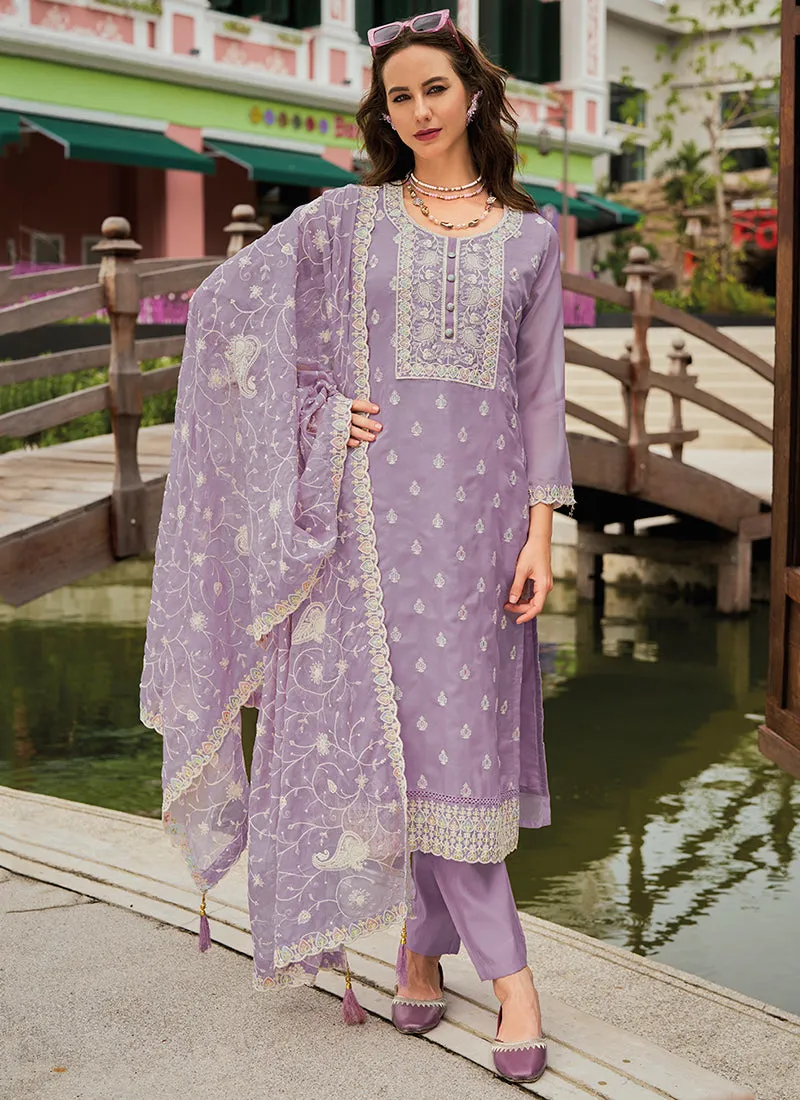 Lavender Traditional Embroidery Pant Style Suit