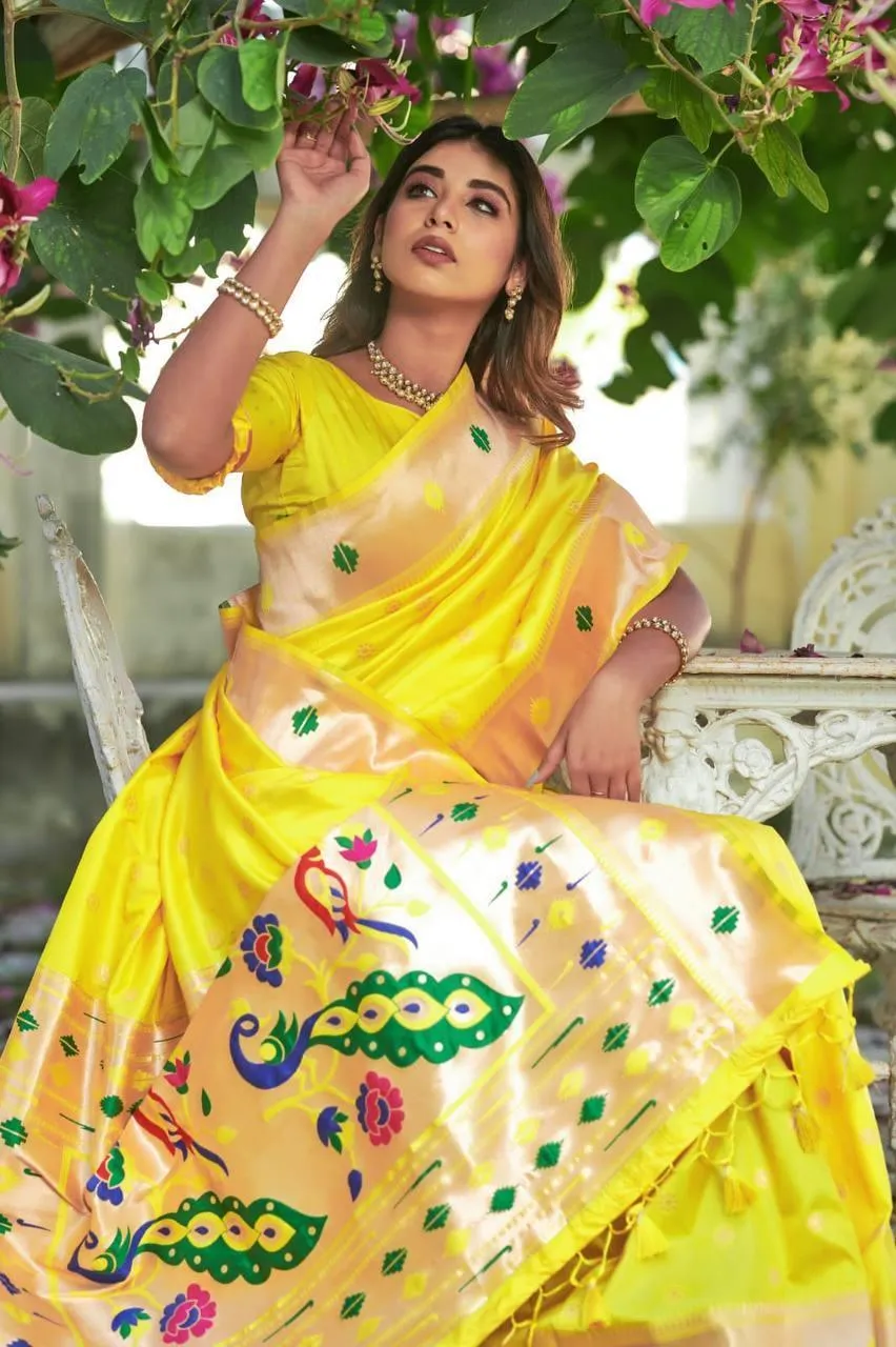 Lemon Yellow Banarasi Silk  Saree