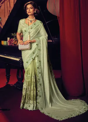 Lime Green Appliqué And Sequence Embroidery Partywear Saree