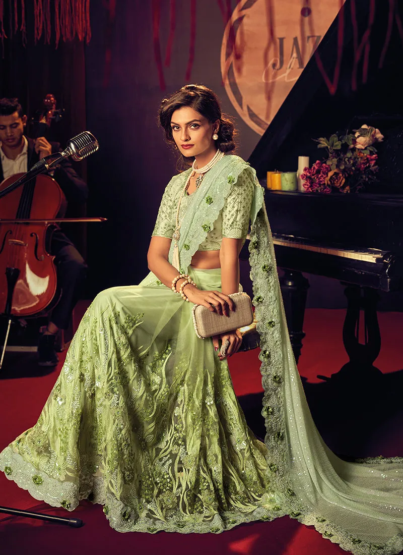 Lime Green Appliqué And Sequence Embroidery Partywear Saree