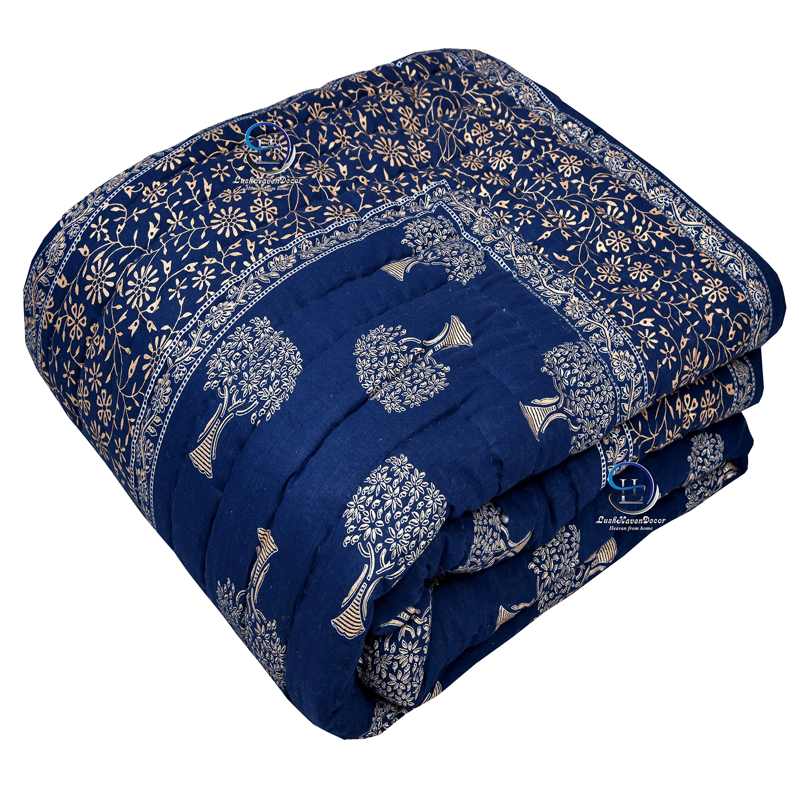 LushHavenDecor 340 GSM Single Bed Jaipuri Razai Organic Pure Cotton Jaipuri rajai Ac Quilt Soft Light Weight Cotton Sunflower Print Comforter 55 x 85 inch (Blue, Pack of 1)