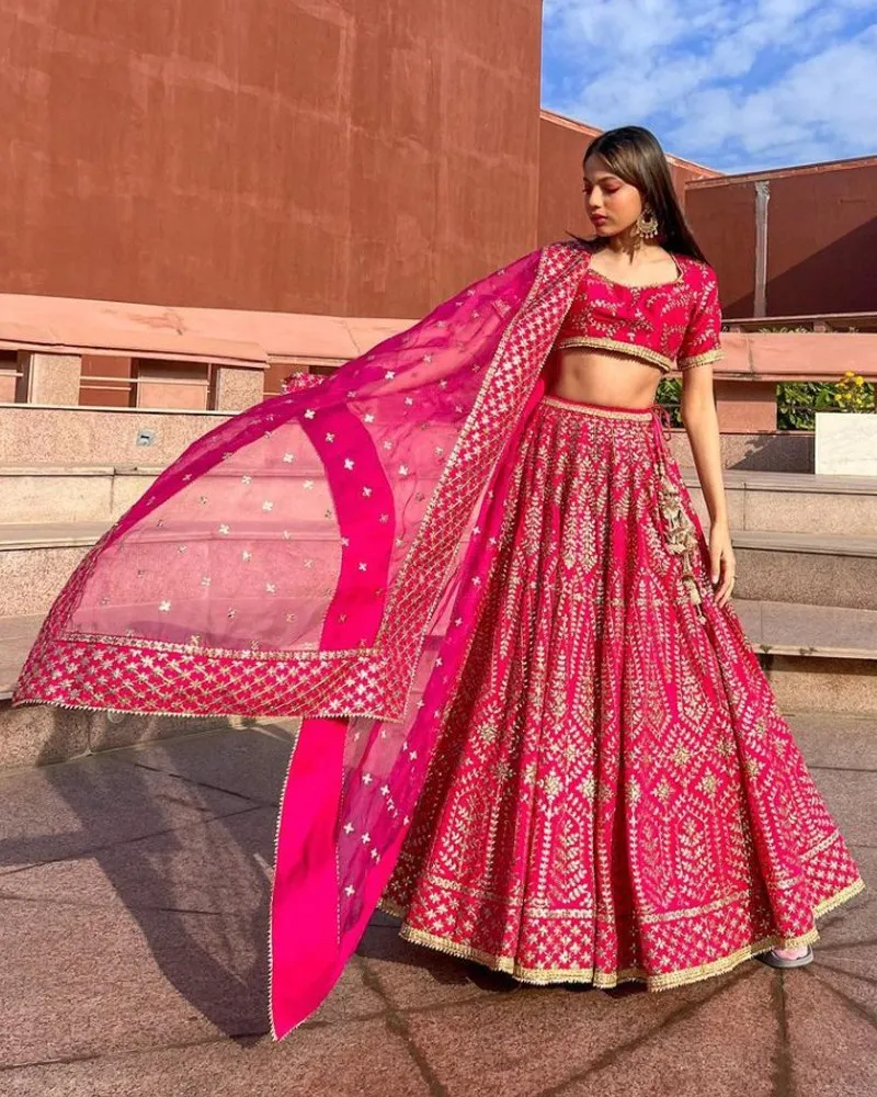 Malai Satin Silk Magenta Lehenga Choli Set with Embroidered Dupatta