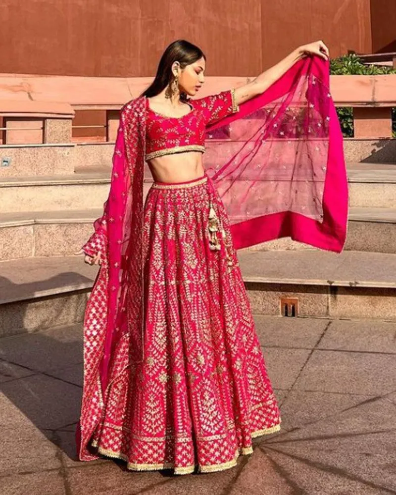 Malai Satin Silk Magenta Lehenga Choli Set with Embroidered Dupatta