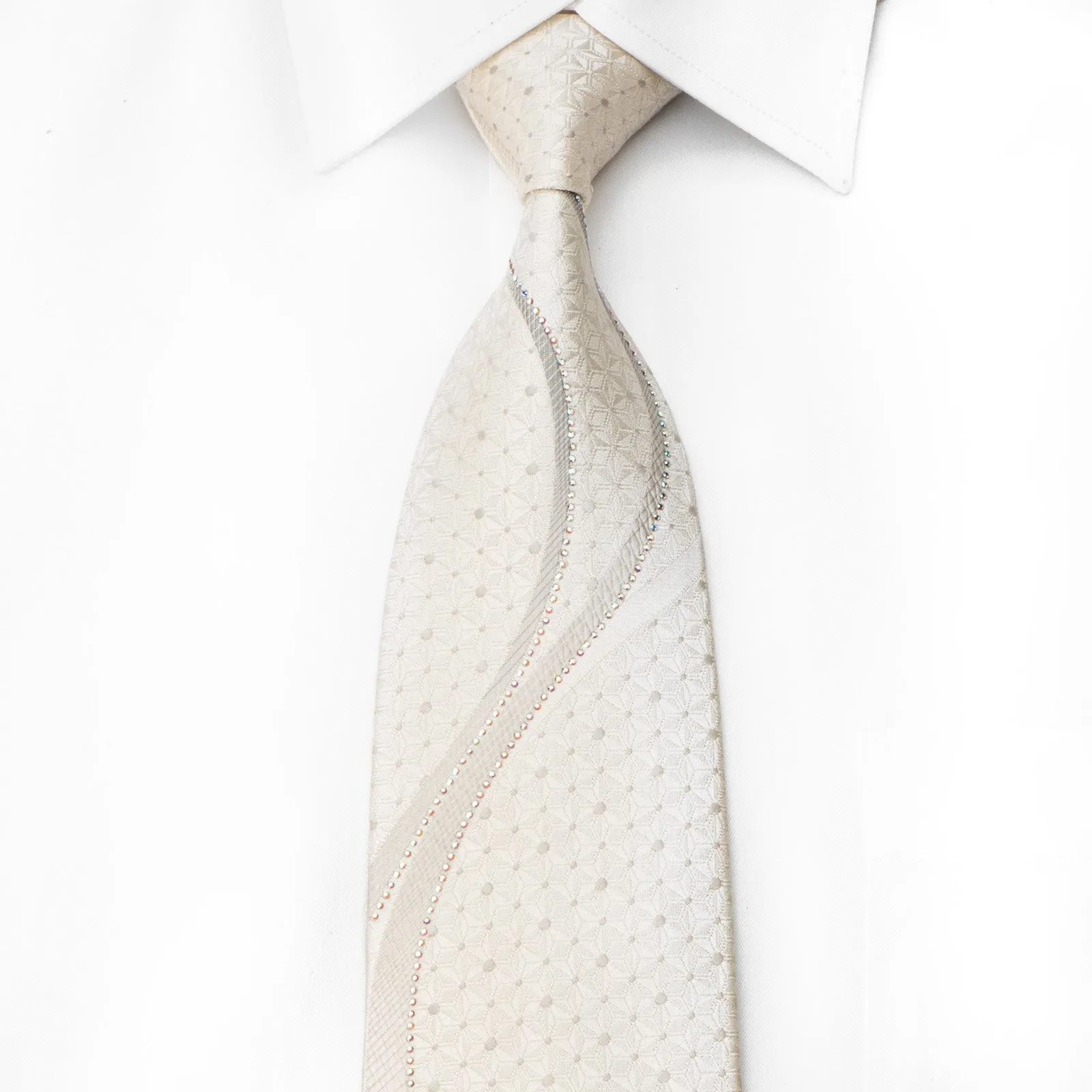 MCM Men's Crystal Tie Waves On White Silk Sparkling With Rhinestones