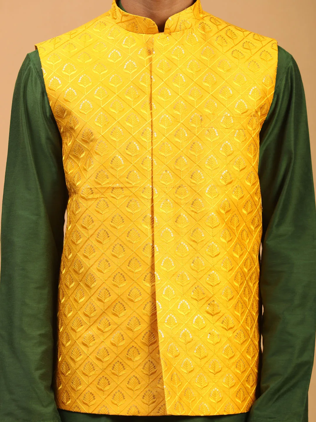 Men's Green Silk Blend Jacket, Kurta And Pyjama Set - Shrestha By Vastramay