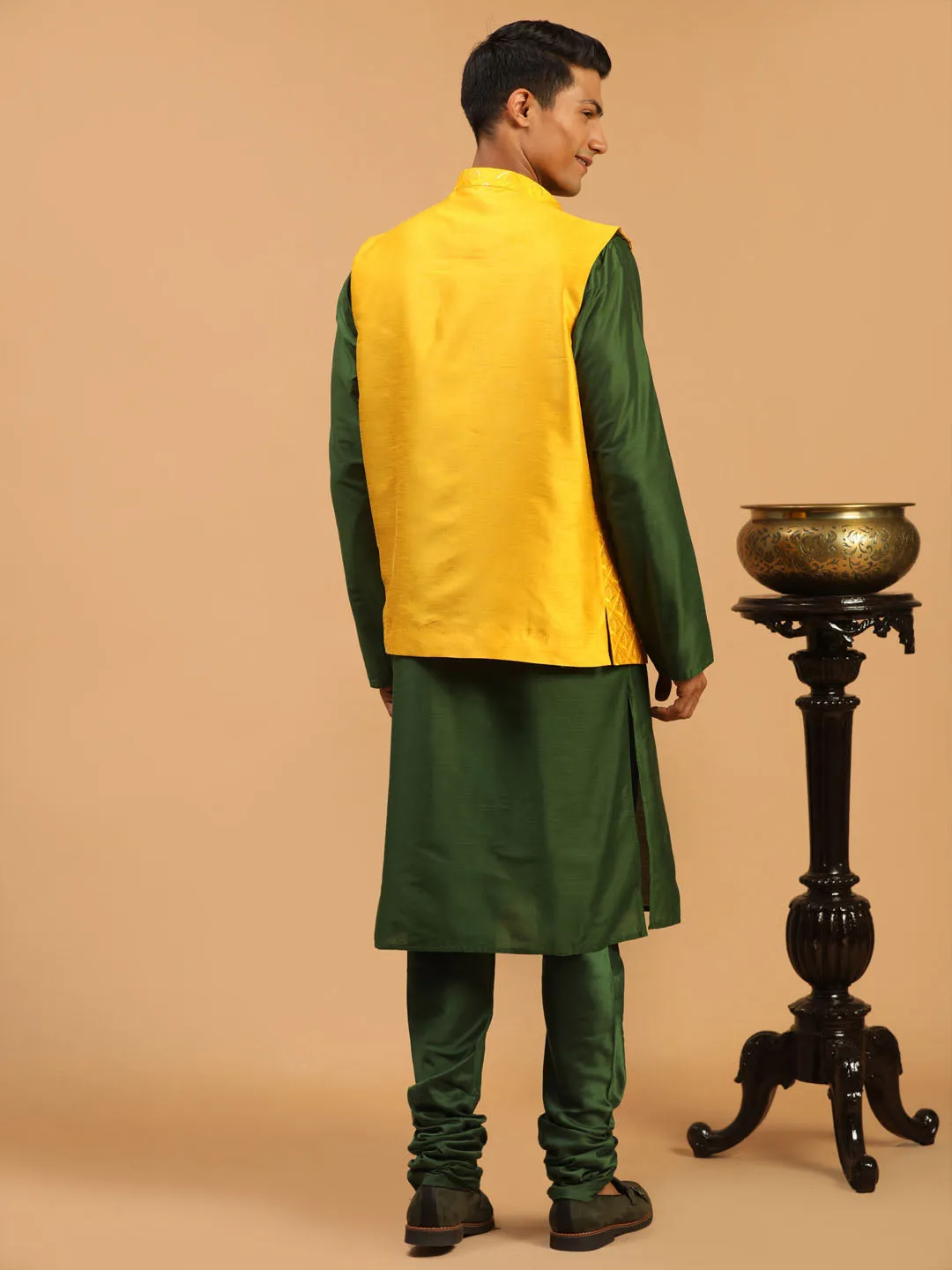 Men's Green Silk Blend Jacket, Kurta And Pyjama Set - Shrestha By Vastramay