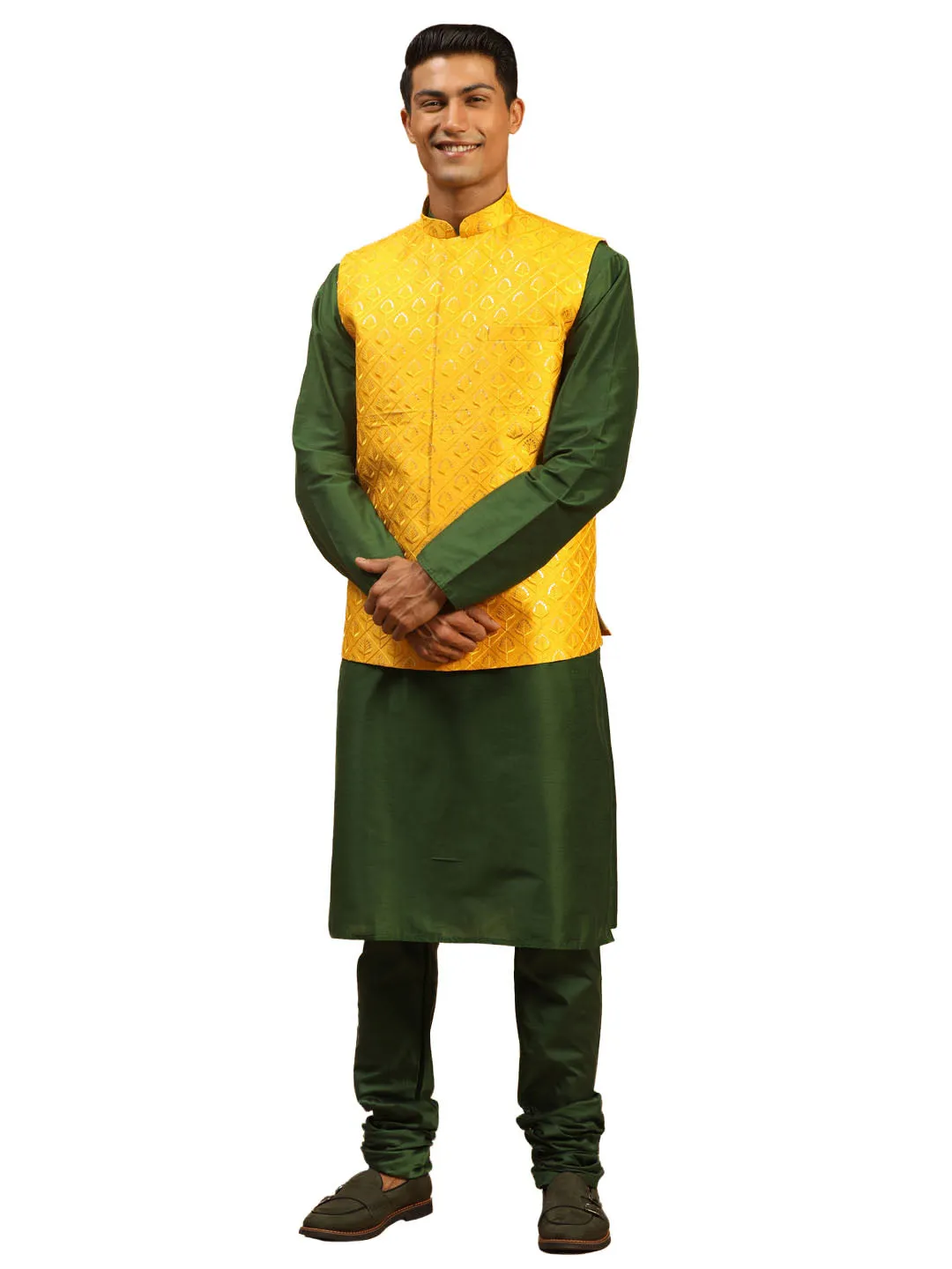 Men's Green Silk Blend Jacket, Kurta And Pyjama Set - Shrestha By Vastramay