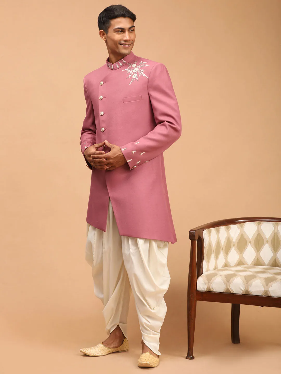 Men's Purple And Cream Silk Sherwani Set - Shrestha By Vastramay