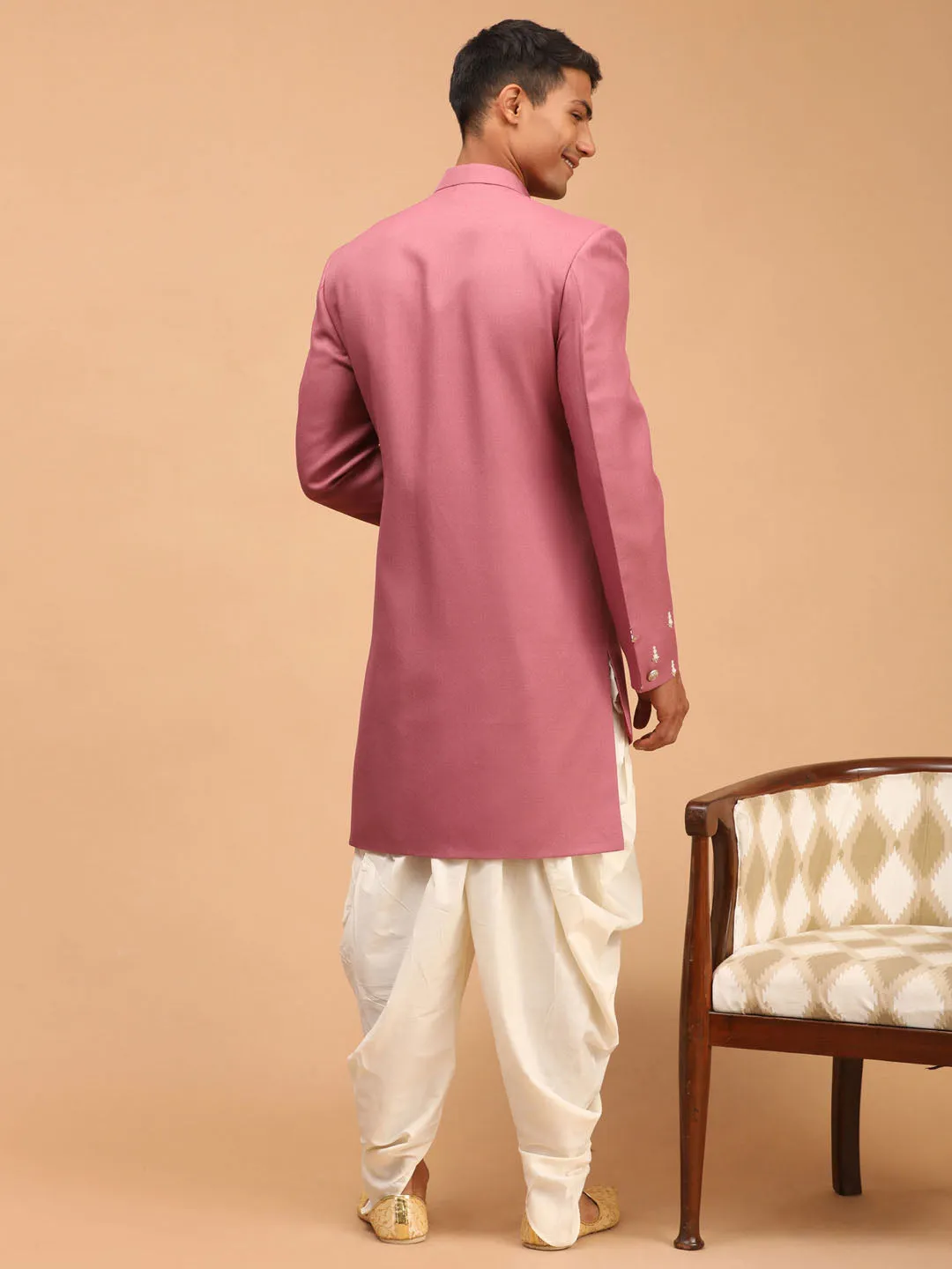 Men's Purple And Cream Silk Sherwani Set - Shrestha By Vastramay