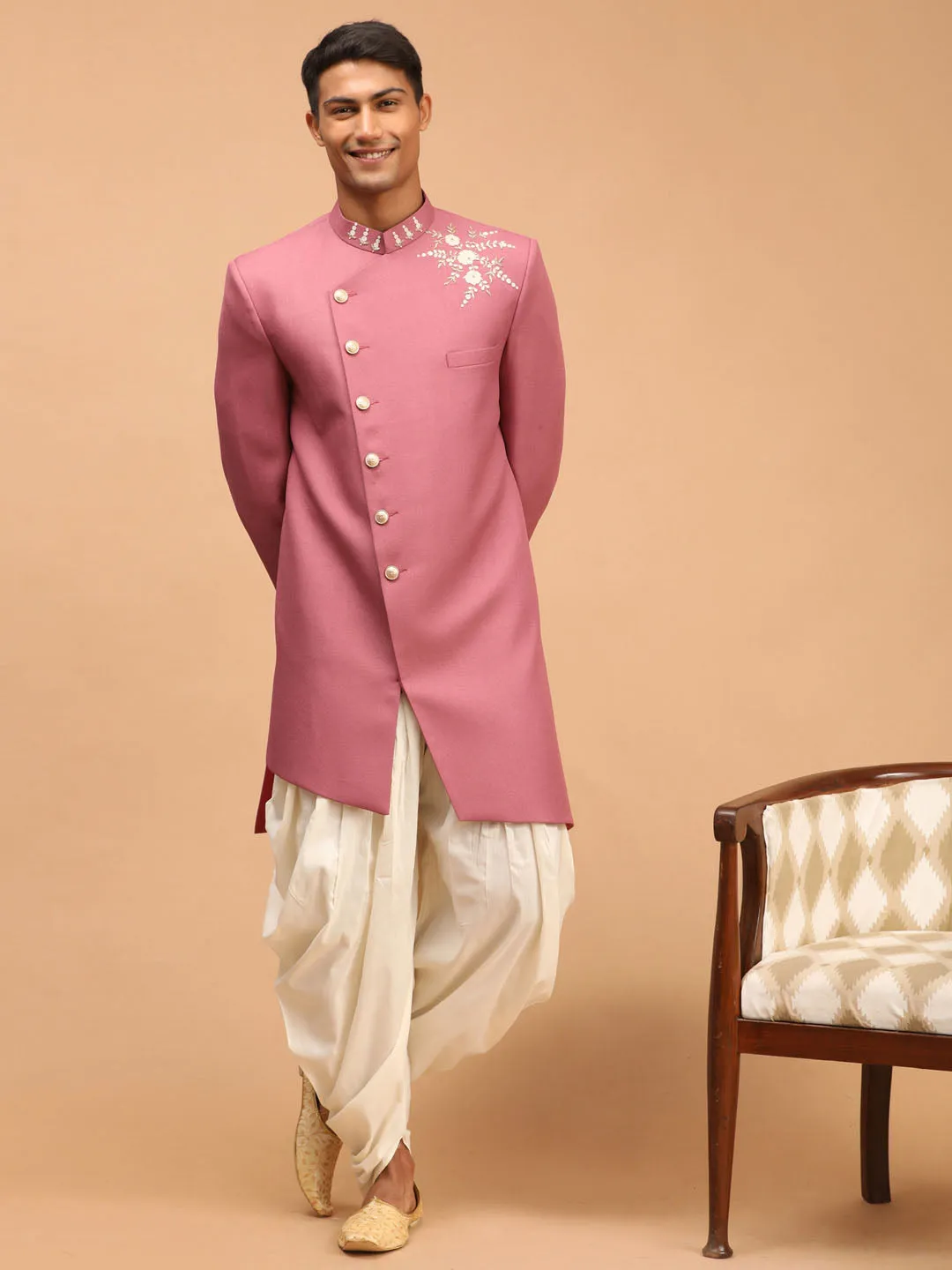 Men's Purple And Cream Silk Sherwani Set - Shrestha By Vastramay