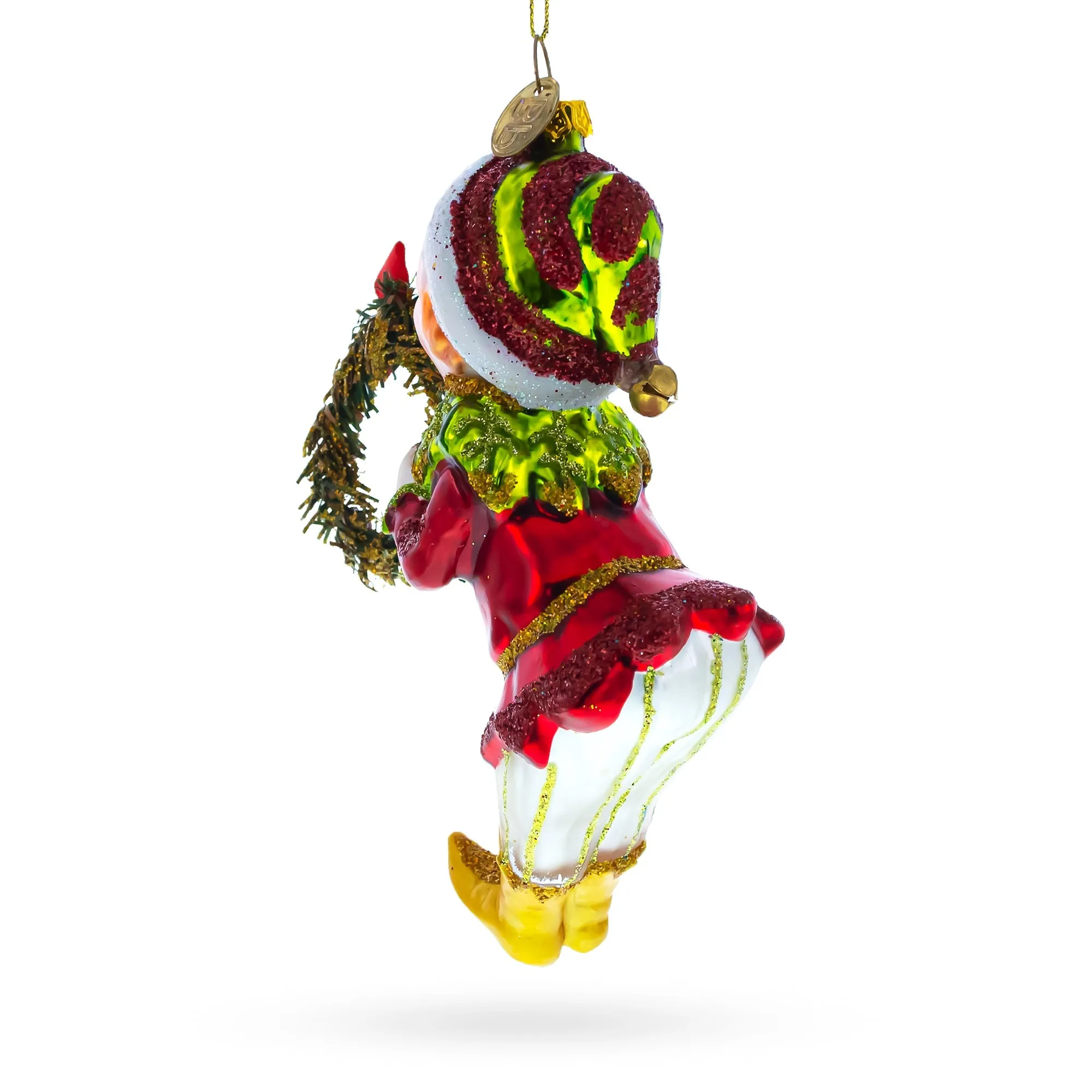 Merry Elf With Wreath - Blown Glass Christmas Ornament