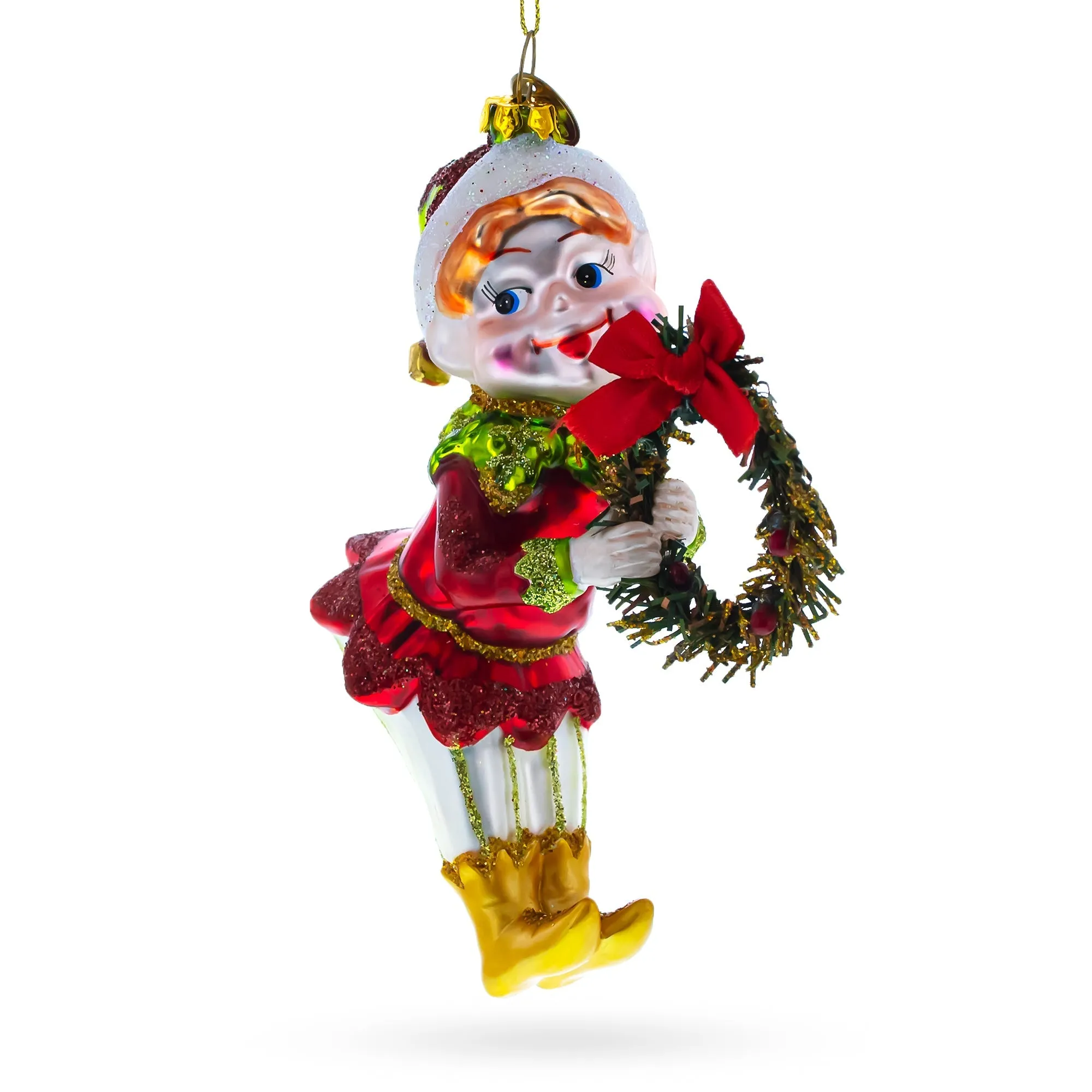 Merry Elf With Wreath - Blown Glass Christmas Ornament