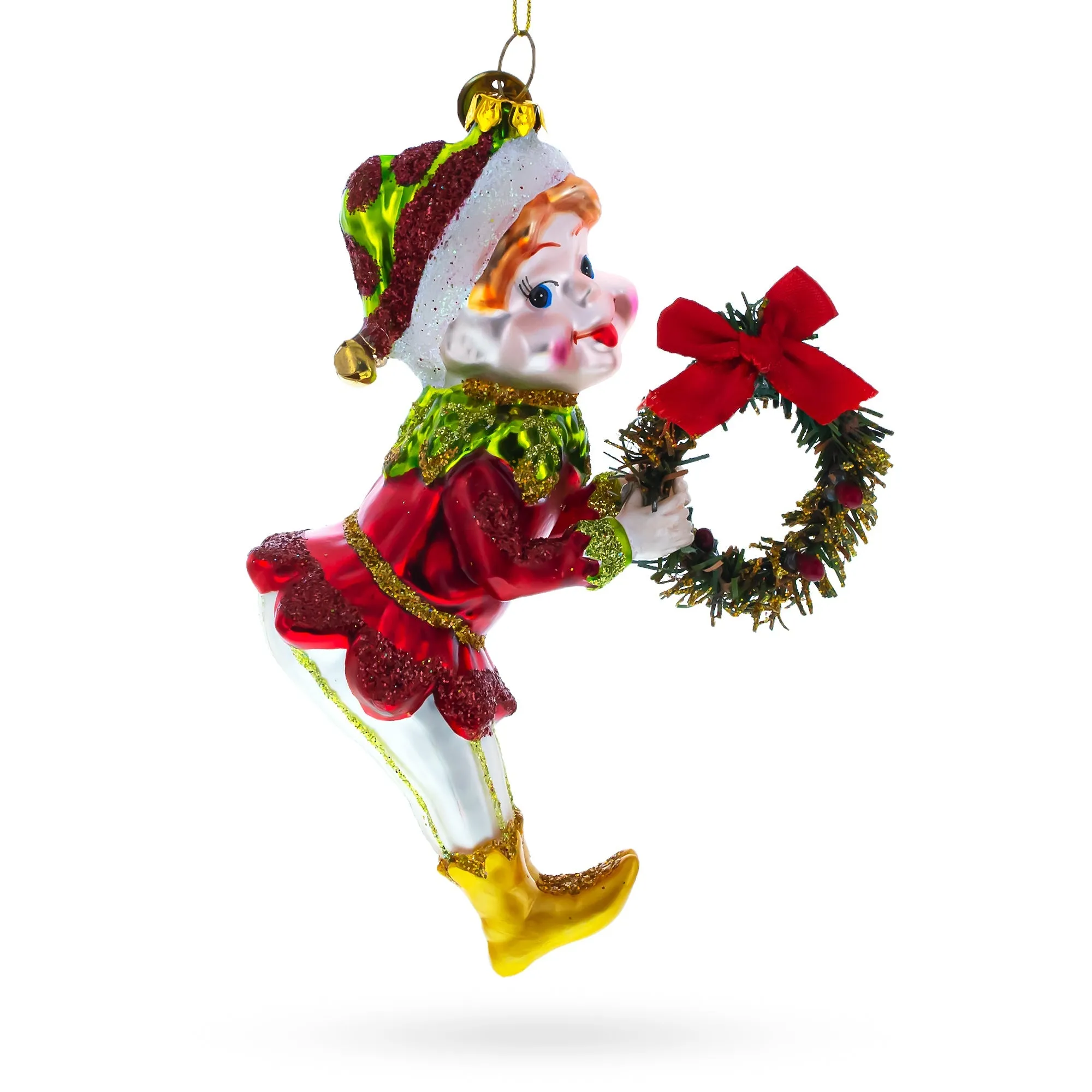 Merry Elf With Wreath - Blown Glass Christmas Ornament