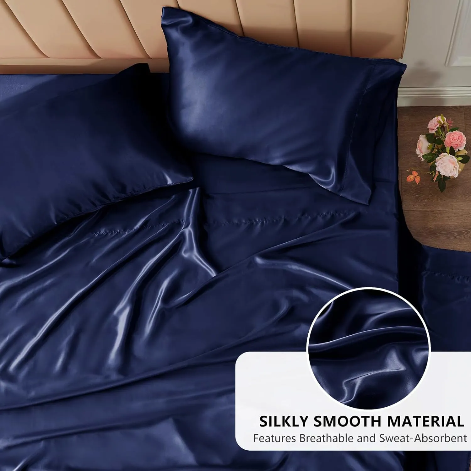 Mush 400TC Luxurious Satin Silk King Size Flat Sheet with 2 Pillow Covers - Silky Soft, Skin-Friendly, Breathable, Durable Premium Bedding | 108 X 108 Inches (Navy Blue, King Flat)