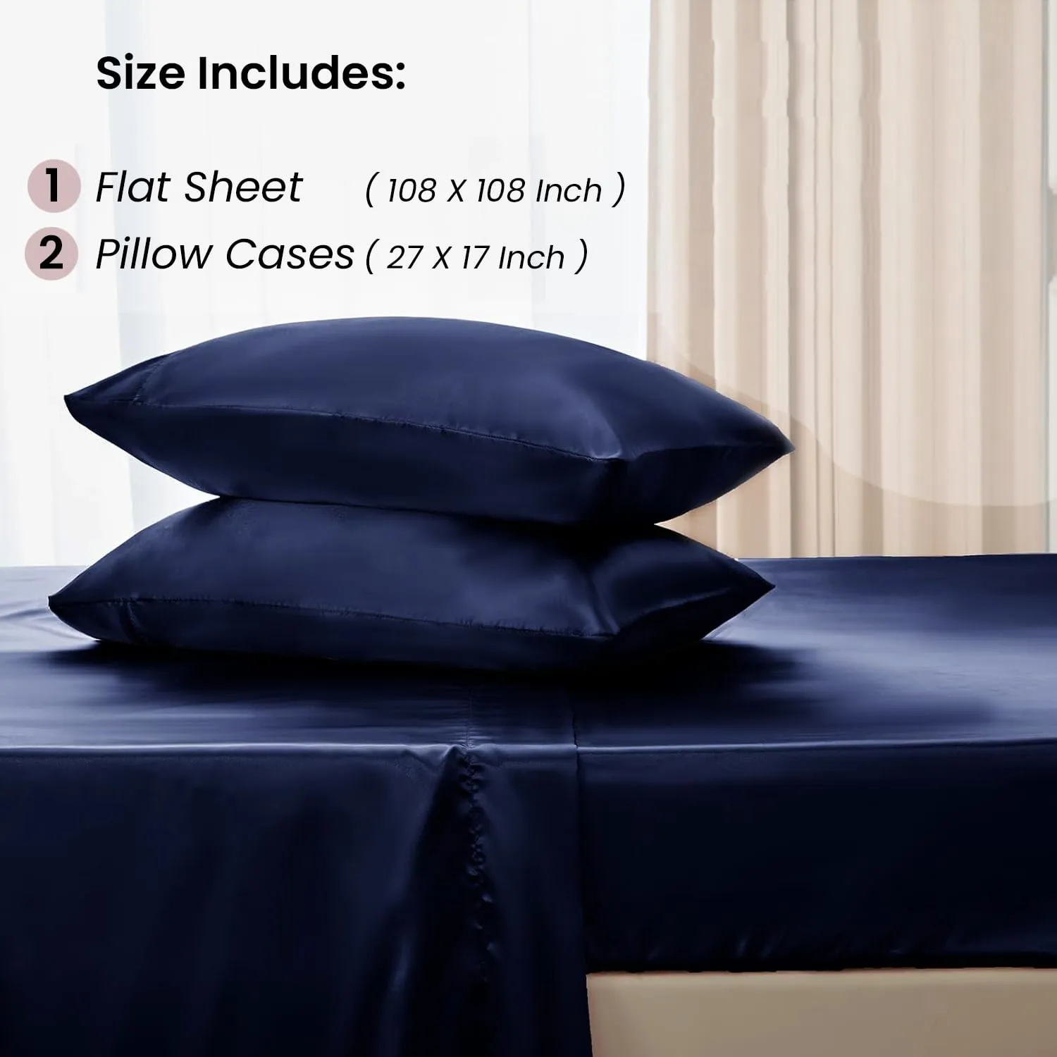 Mush 400TC Luxurious Satin Silk King Size Flat Sheet with 2 Pillow Covers - Silky Soft, Skin-Friendly, Breathable, Durable Premium Bedding | 108 X 108 Inches (Navy Blue, King Flat)