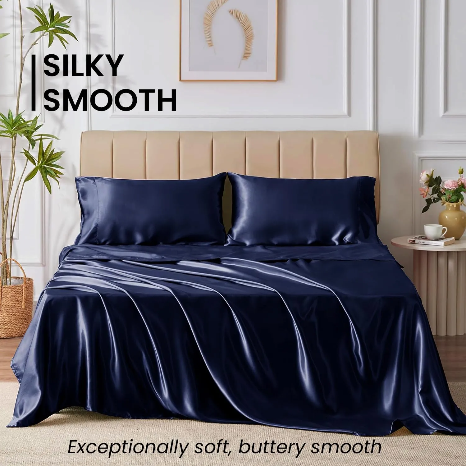 Mush 400TC Luxurious Satin Silk King Size Flat Sheet with 2 Pillow Covers - Silky Soft, Skin-Friendly, Breathable, Durable Premium Bedding | 108 X 108 Inches (Navy Blue, King Flat)