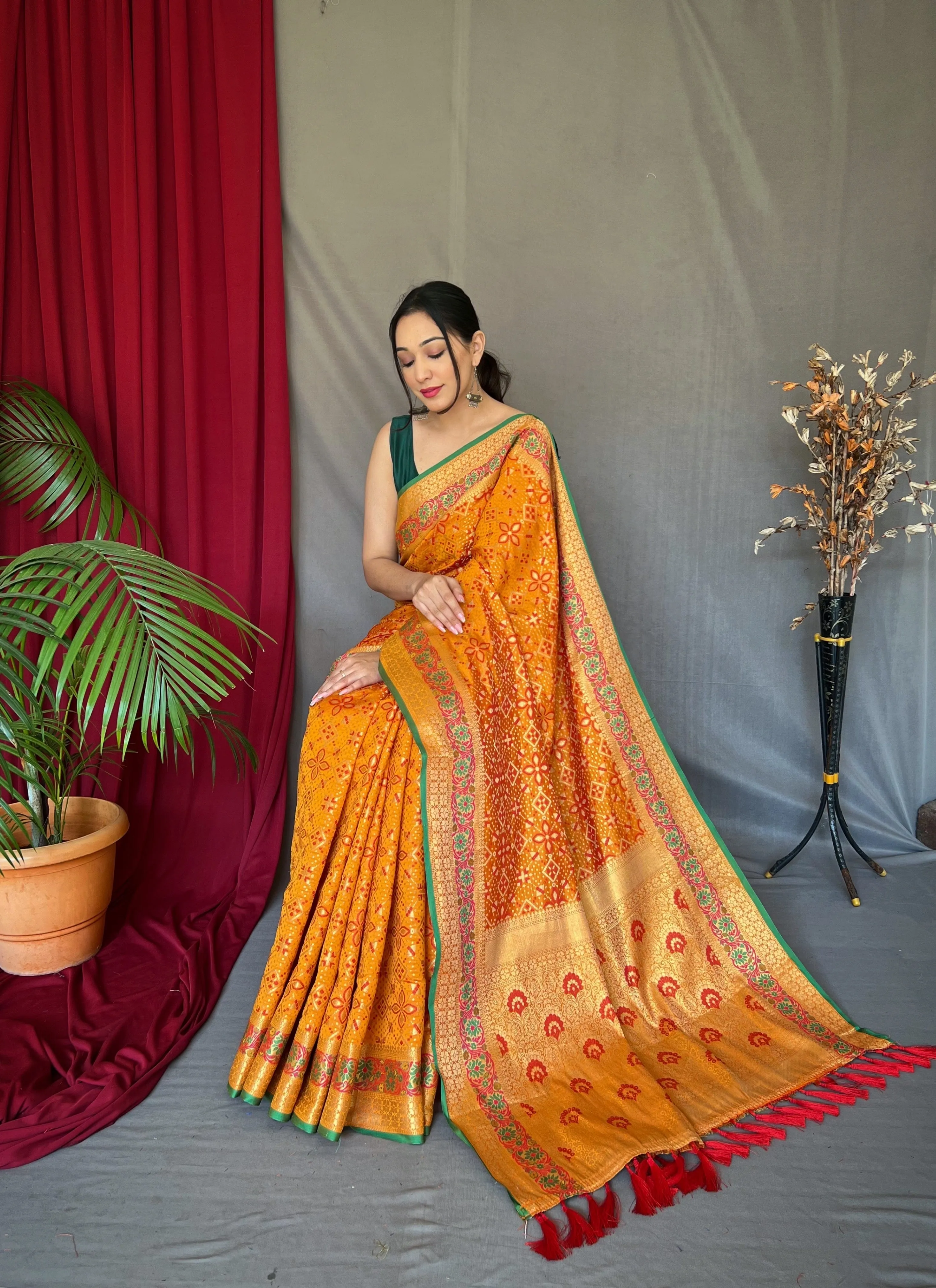 Mustard Yellow Saree in Bandhej Patola Silk Woven