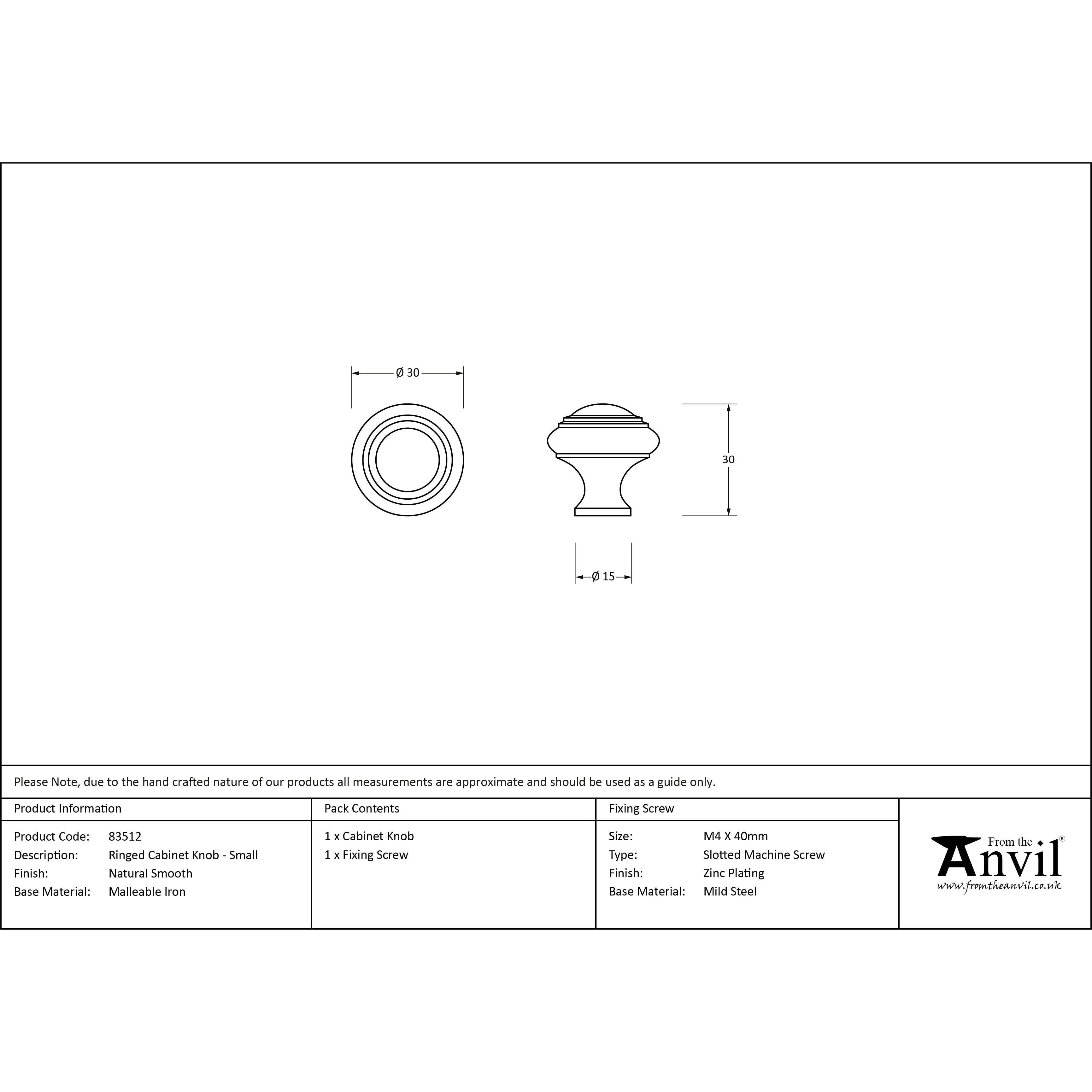 Natural Smooth Ringed Cabinet Knob - Small | From The Anvil