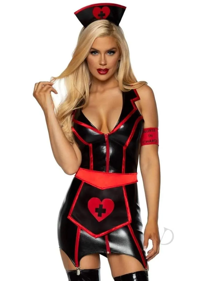 Naughty Nurse Wet Look 4pc Sm Blk/red