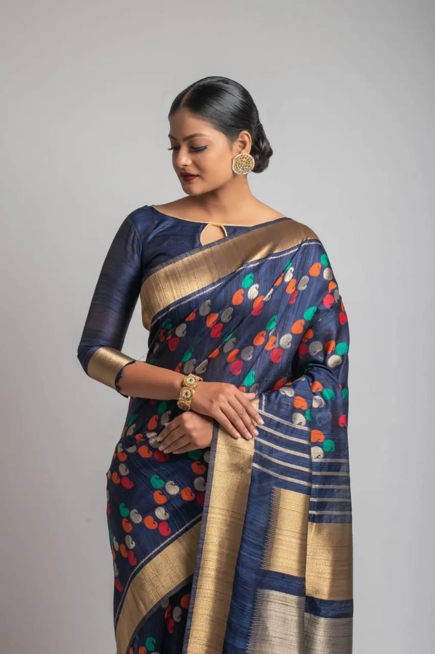 Navy Blue Paisley Kadampalli Tussar Silk  Saree