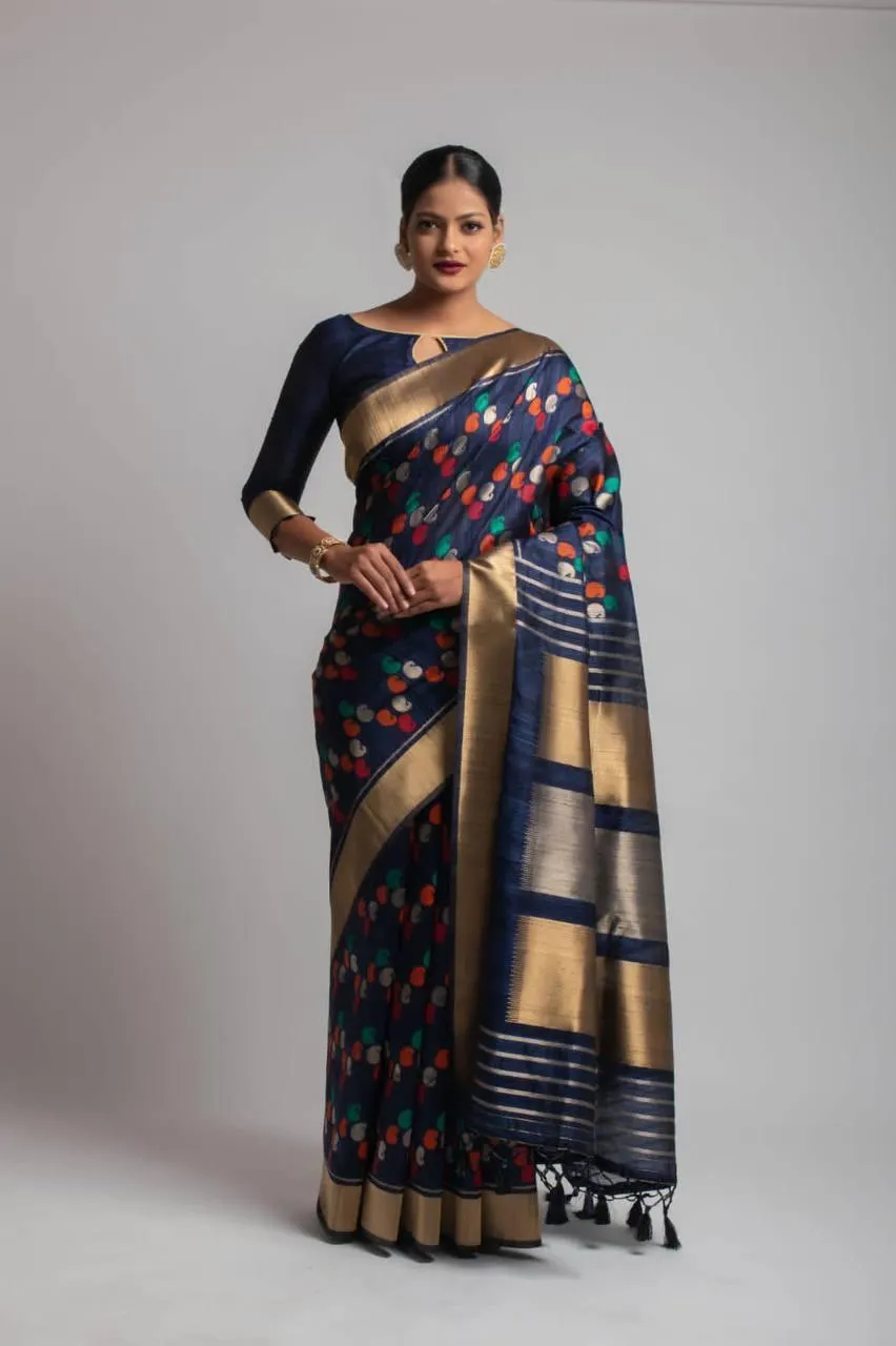 Navy Blue Paisley Kadampalli Tussar Silk  Saree