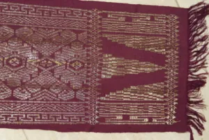 Old Ceremonial Balinese Brocade Damask Handwoven Burgundy Wedding Songket Setagen Sabuk Belt with Metallic Gold Threads 46" x 7.5" (SG22) Collected in Klunkung Regency, Bali & belonging to Nobility royalty