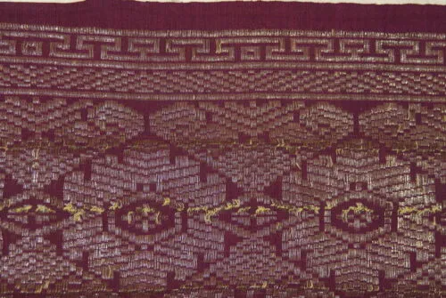 Old Ceremonial Balinese Brocade Damask Handwoven Burgundy Wedding Songket Setagen Sabuk Belt with Metallic Gold Threads 46" x 7.5" (SG22) Collected in Klunkung Regency, Bali & belonging to Nobility royalty