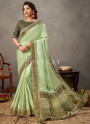 Olive Green Zari Embroidery Silk Saree