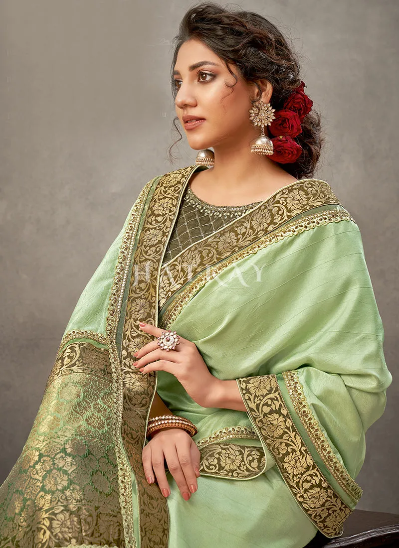 Olive Green Zari Embroidery Silk Saree