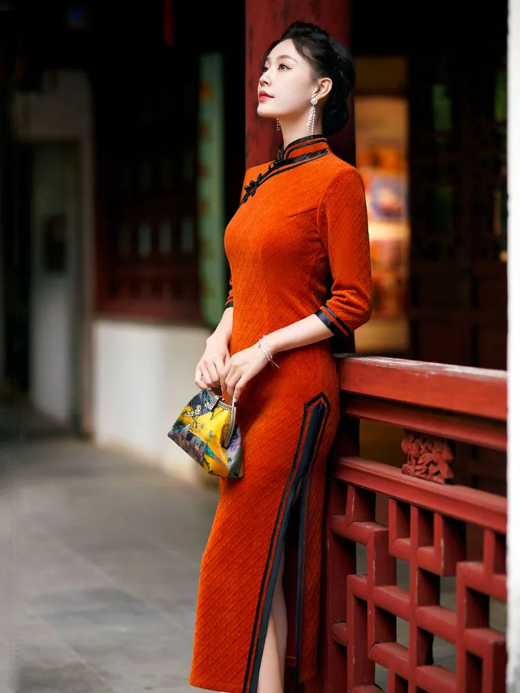 Orange with Black Trim Vintage Geometric Embossed Cheongsam Dress for Women