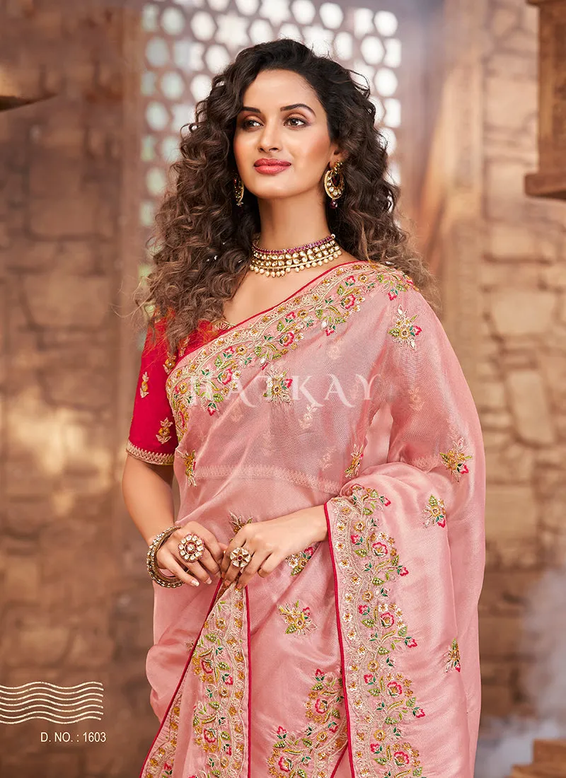 Peach And Pink Multi Embroidered Partywear Saree