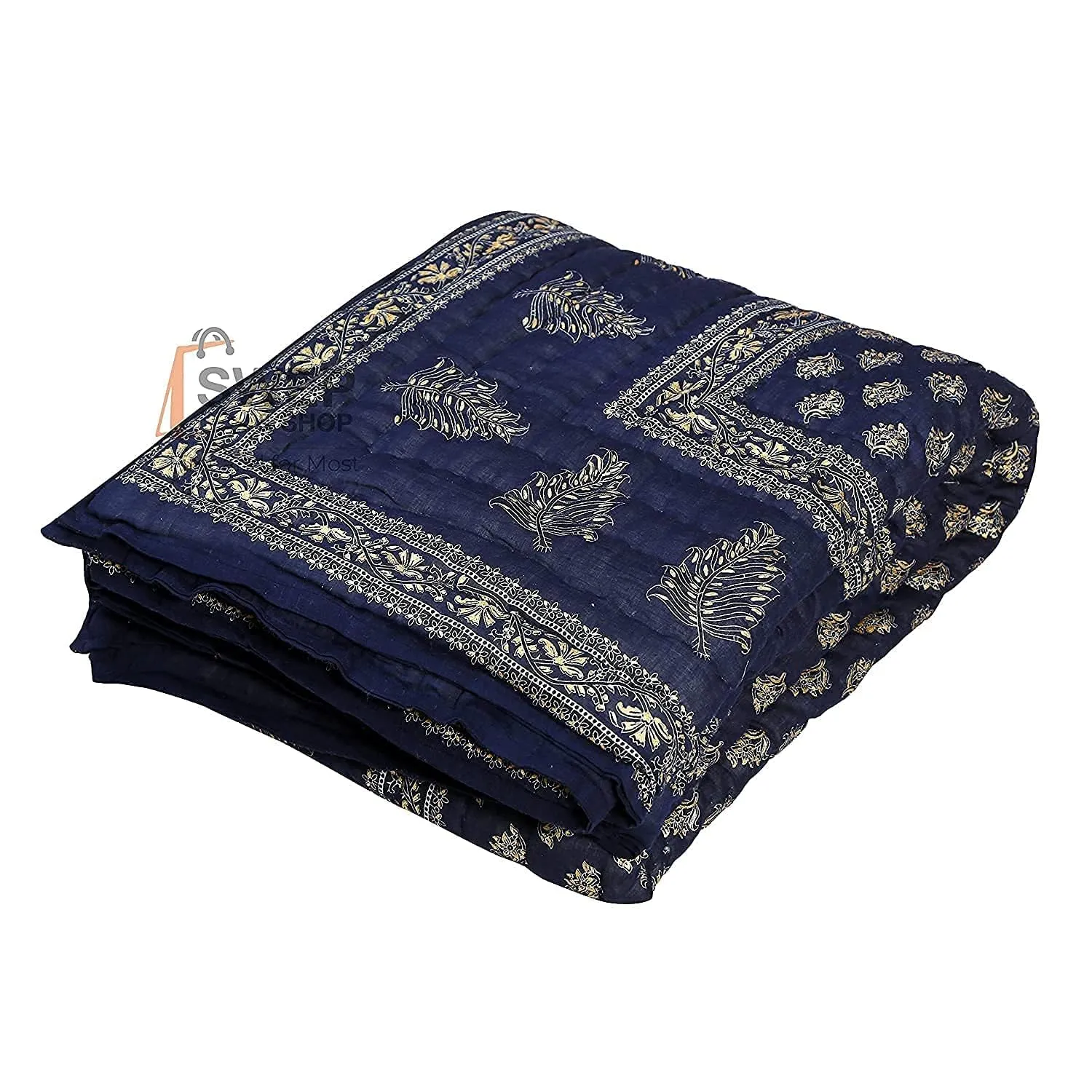 PINAARAS INTERIORS Jaipuri Razai Double Bed Computerized Quilting Soft and Breathable Cotton Comforter Quilt Rajai Blanket Dohar (55X85 Inches) (Navy Blue Leaves)