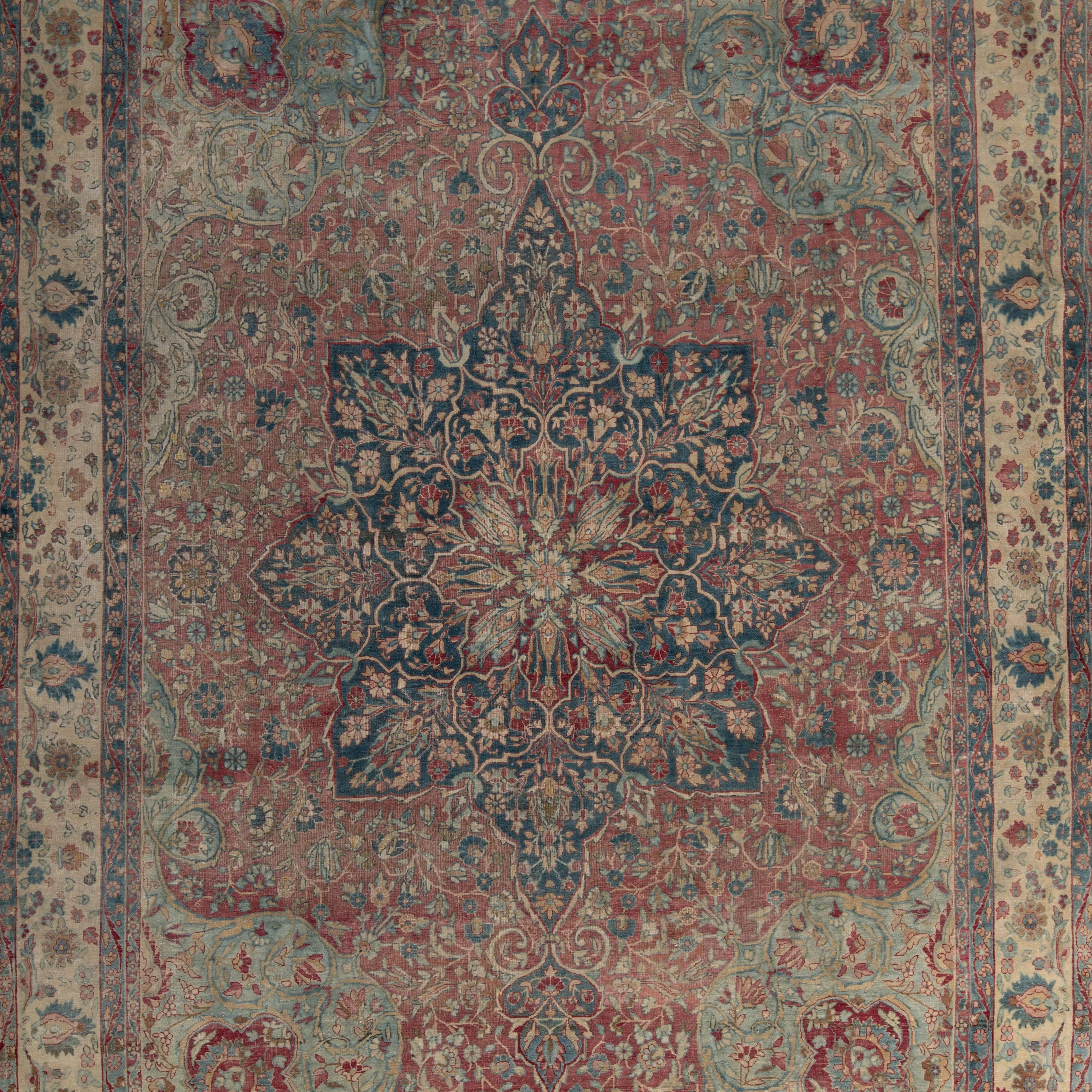 Pink & Blue Vintage Persian Kerman Rug - 8'8" x 12'