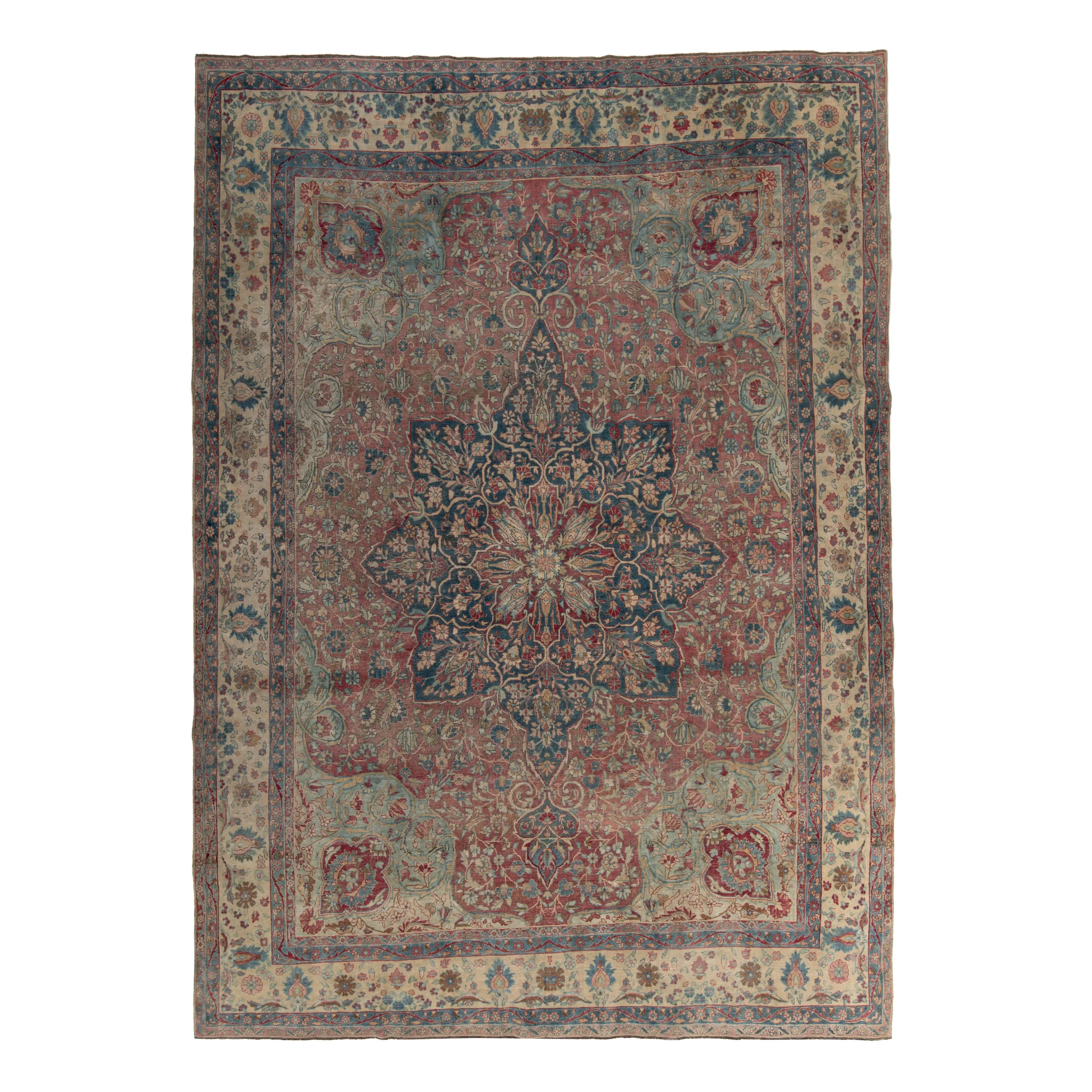 Pink & Blue Vintage Persian Kerman Rug - 8'8" x 12'