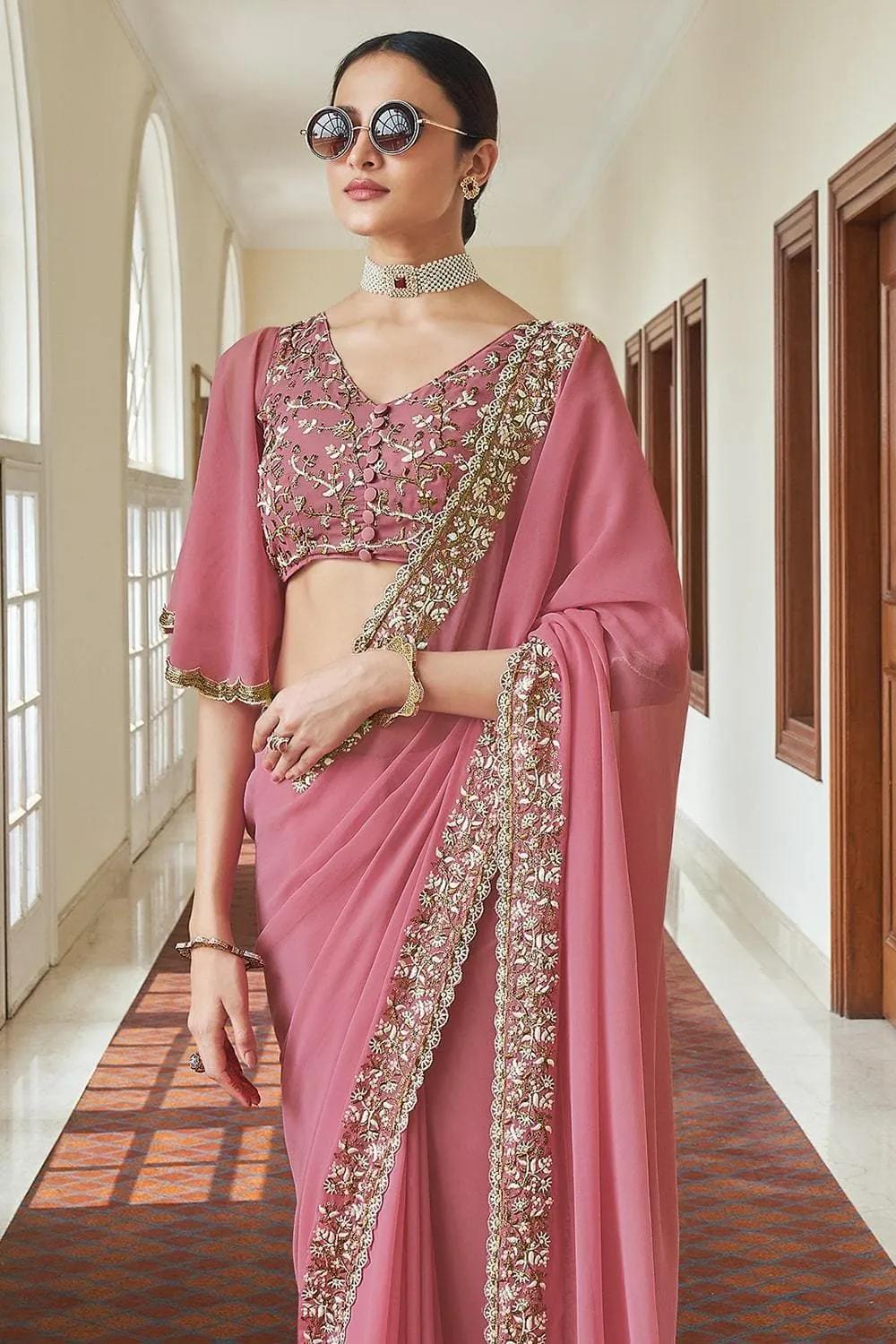 Pink Georgette Resham, Zari, Beads Work Designer Saree