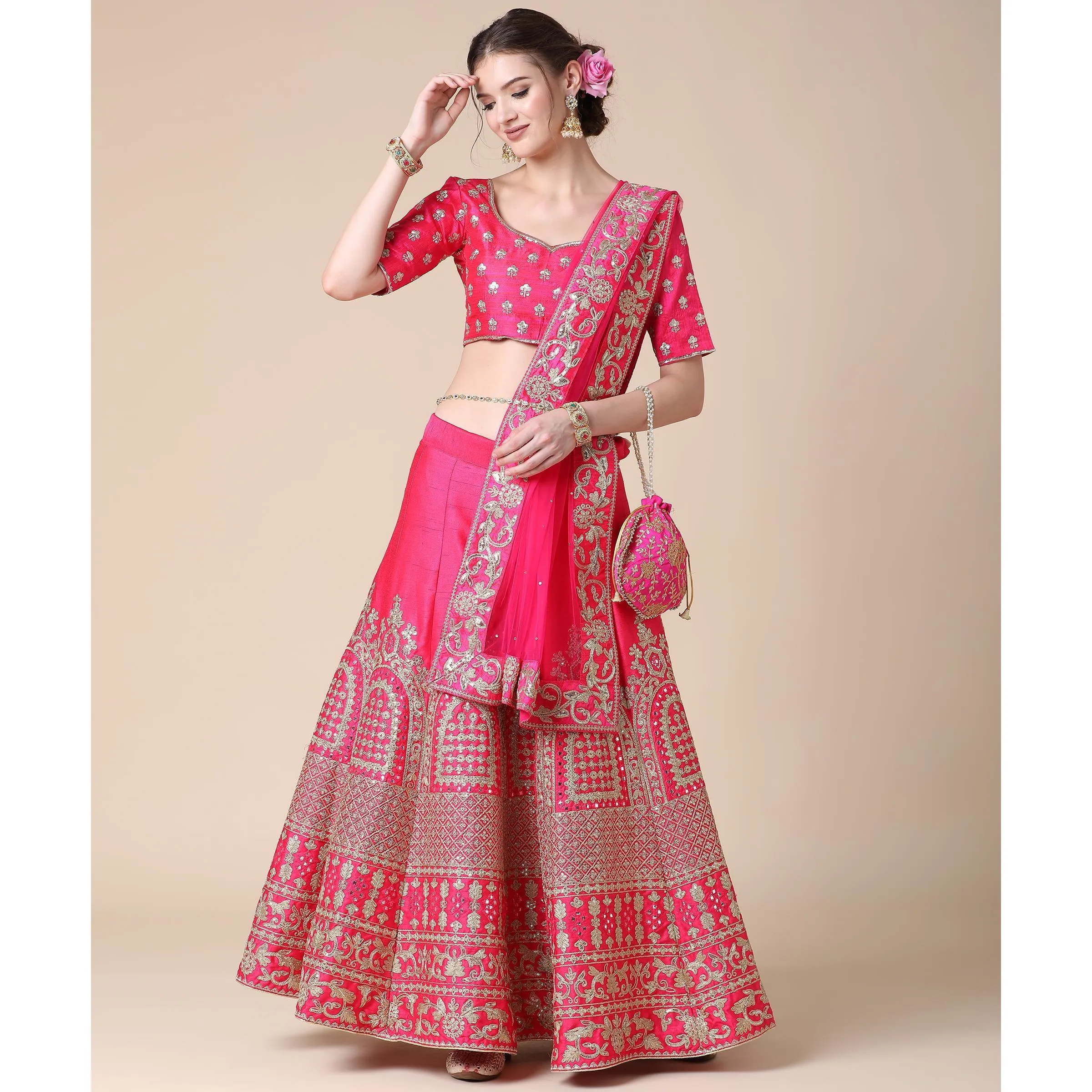 Pink Partywear Sequins Embroidered Heavy Silk Lehenga