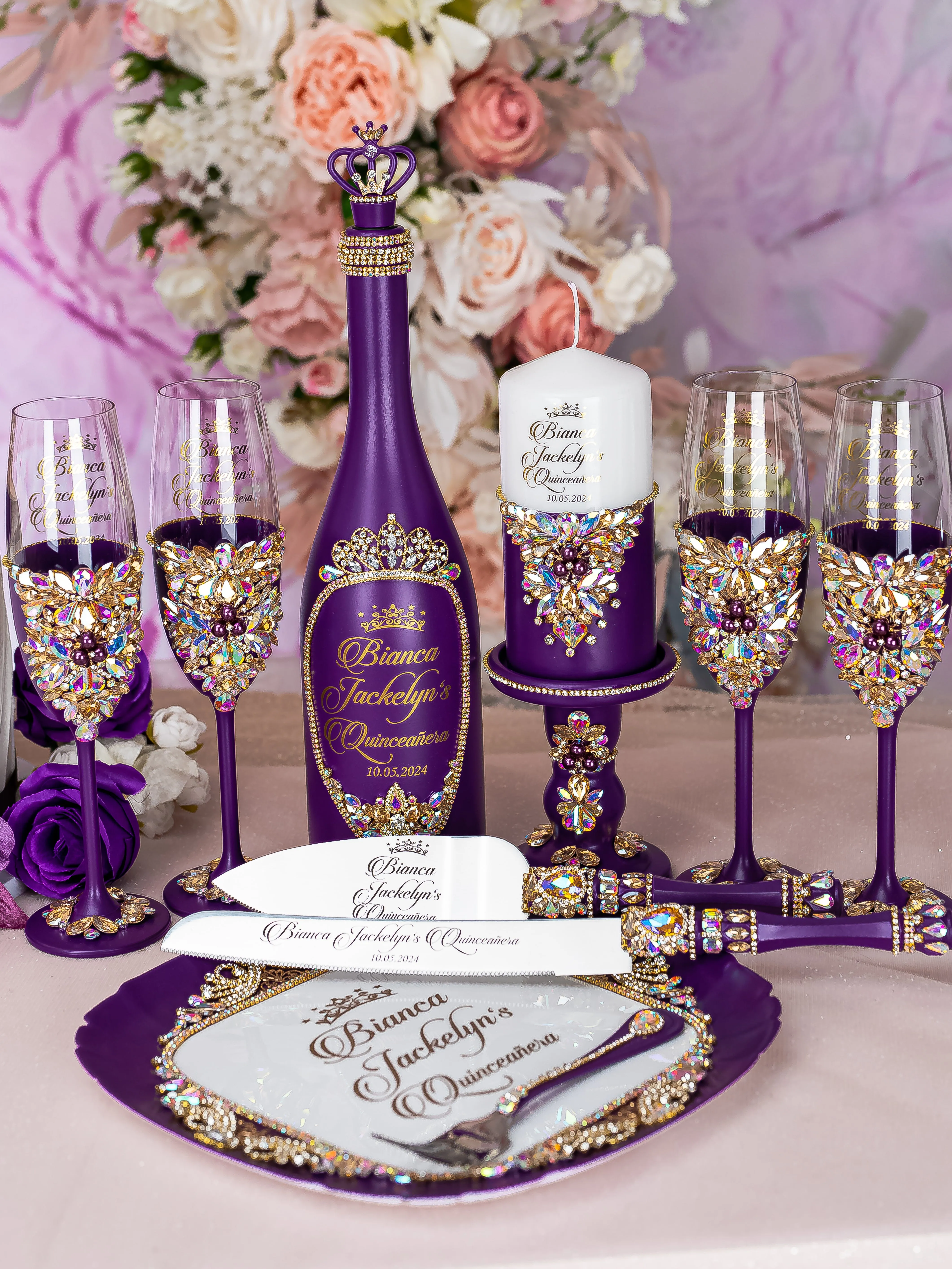 Plum 4 quinceanera champagne glasses