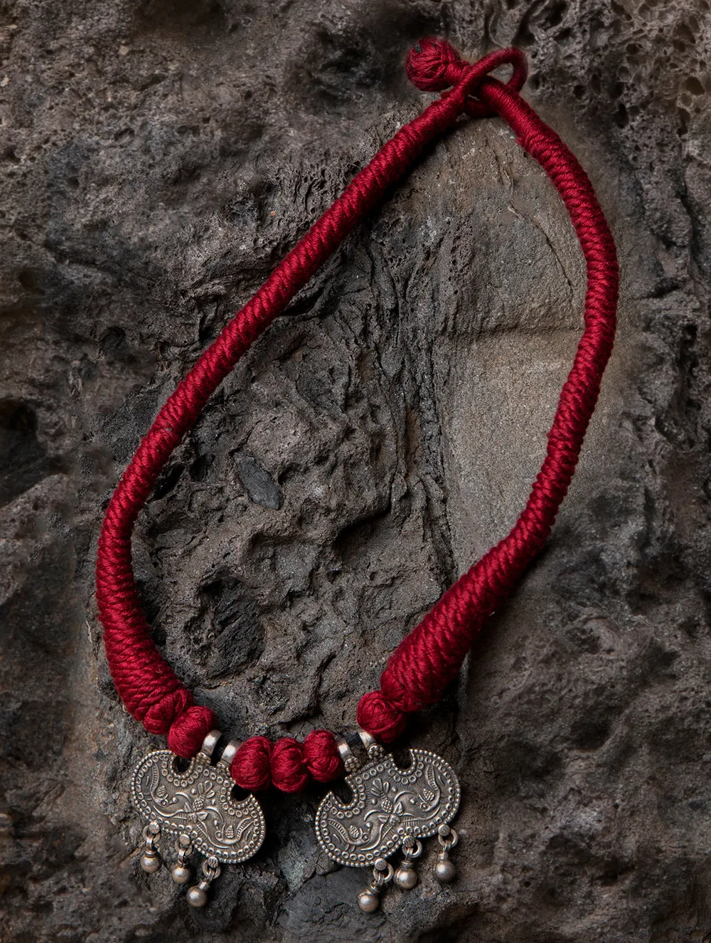 Pure Silver & Thread Neckpiece - Ornate Double Pendant (Red)