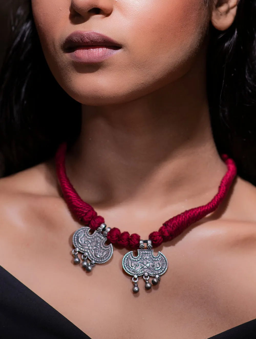 Pure Silver & Thread Neckpiece - Ornate Double Pendant (Red)