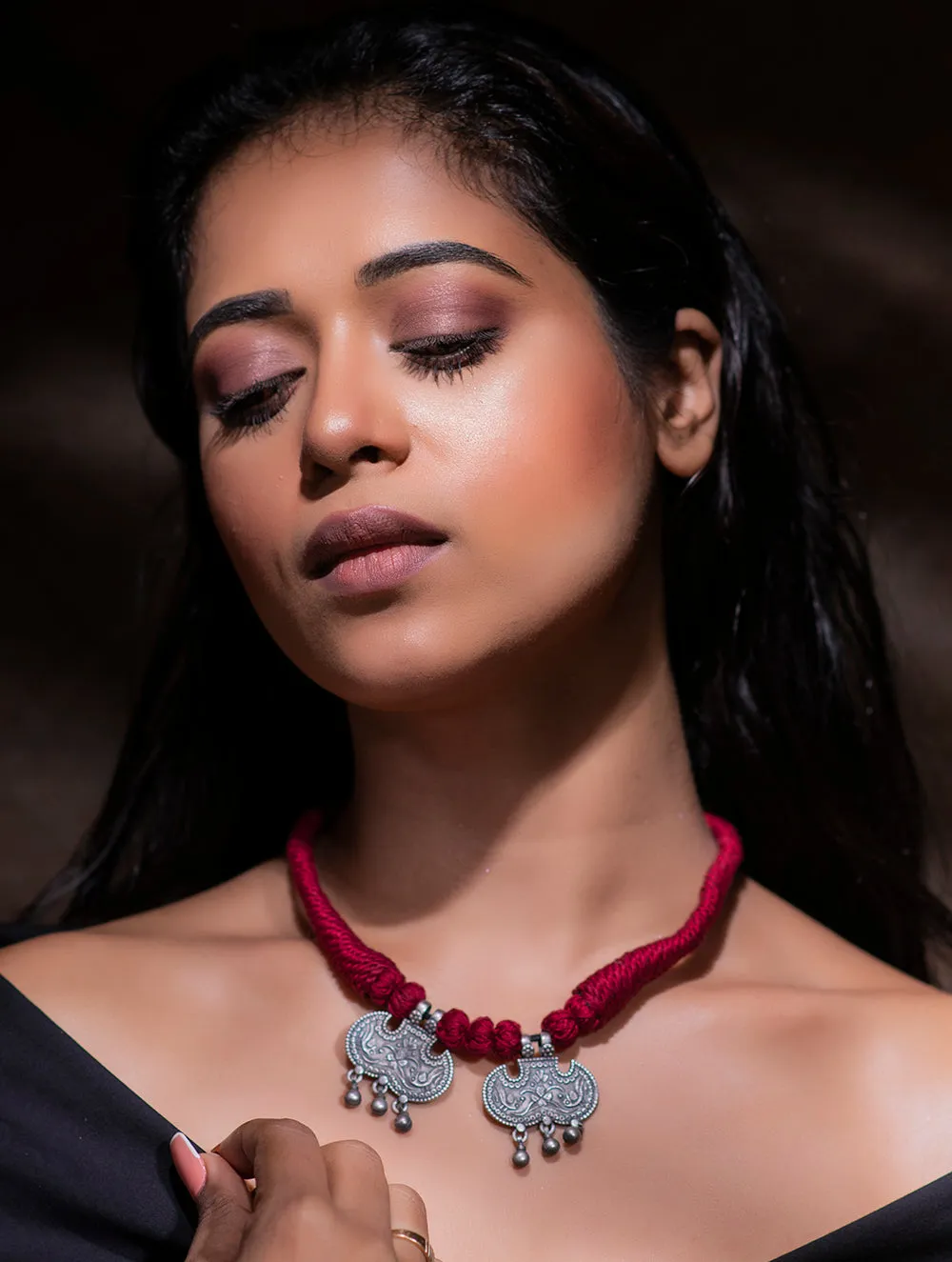 Pure Silver & Thread Neckpiece - Ornate Double Pendant (Red)