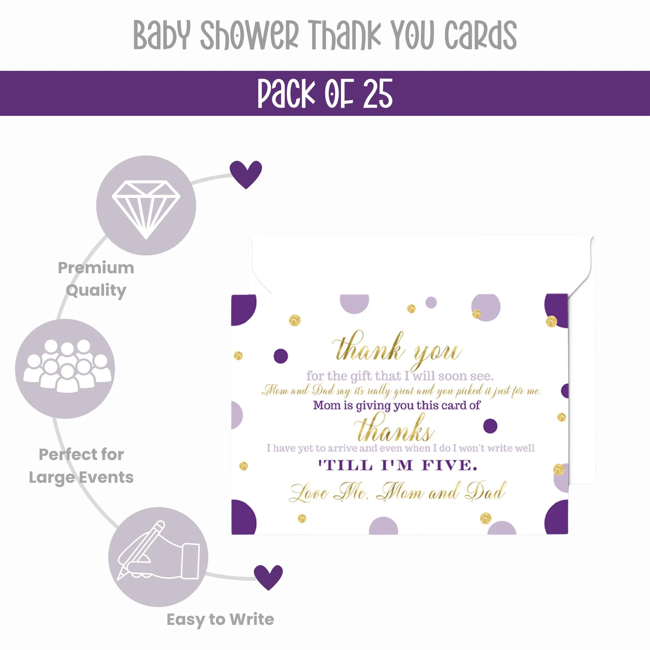 Purple and Gold Thank You Cards for Girls Baby Shower – Notecards with Envelopes (Pack of 25)