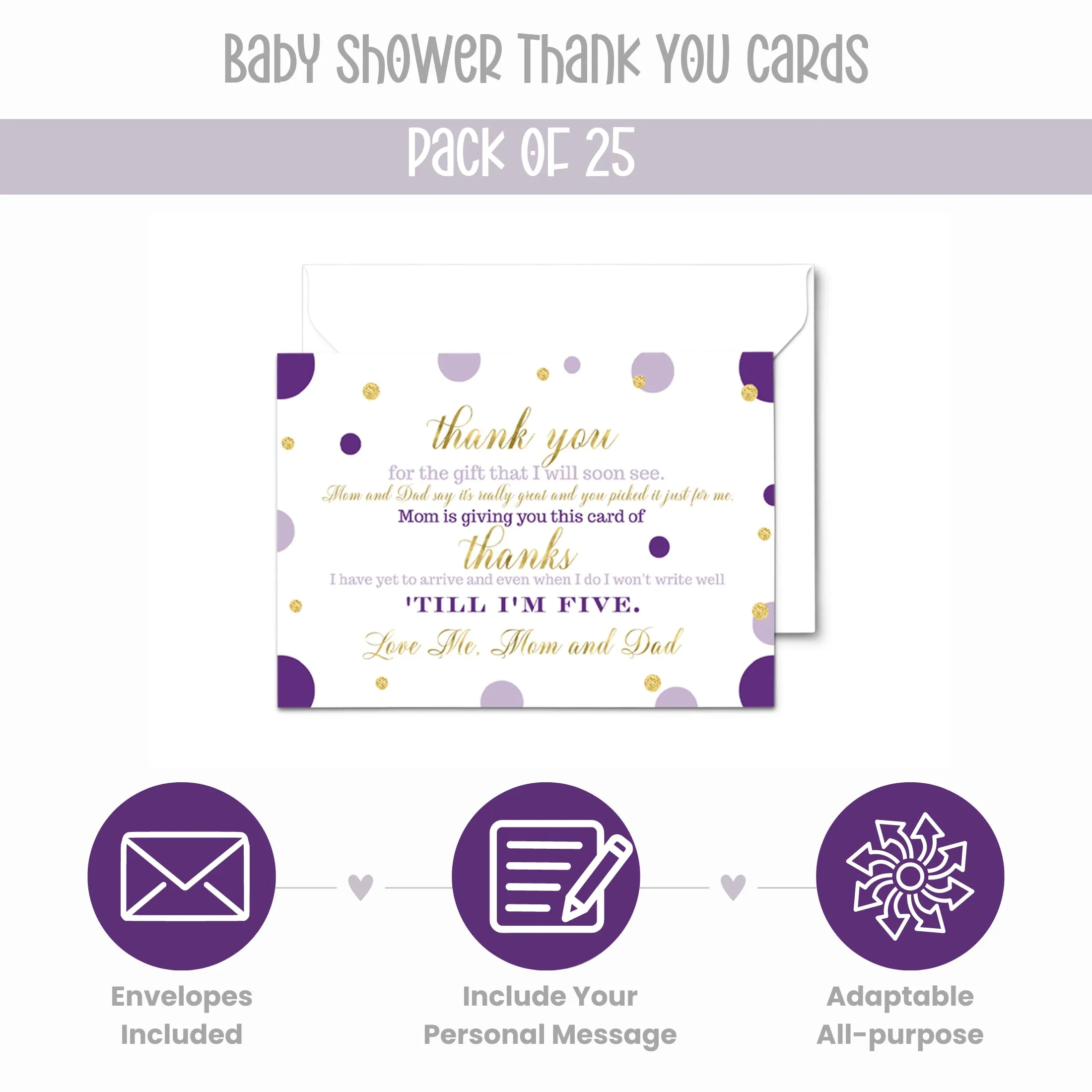 Purple and Gold Thank You Cards for Girls Baby Shower – Notecards with Envelopes (Pack of 25)