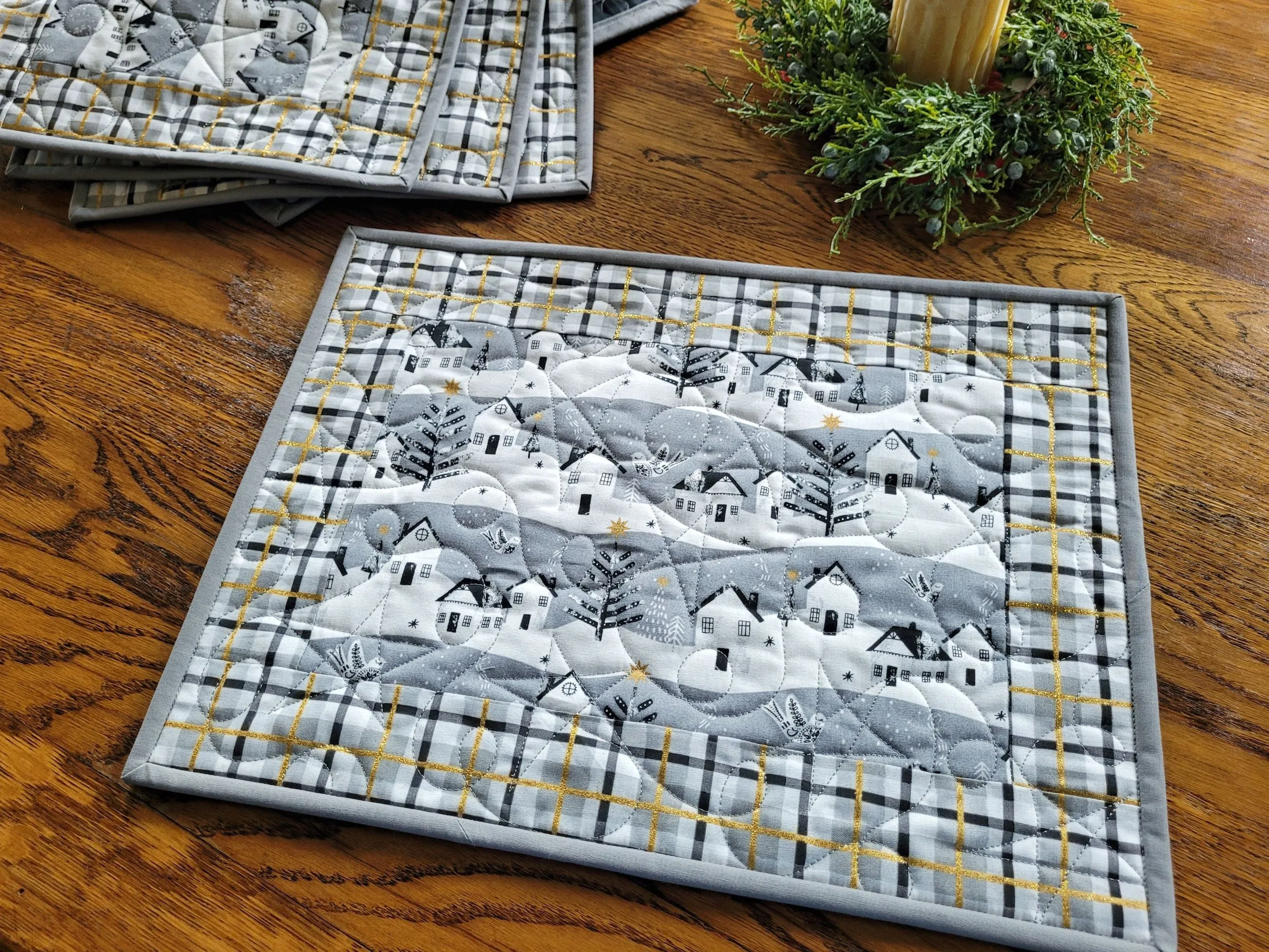 Quilted Winter Placemats | Christmas Table Decor | Snowy Village with Gold Metallic Stars