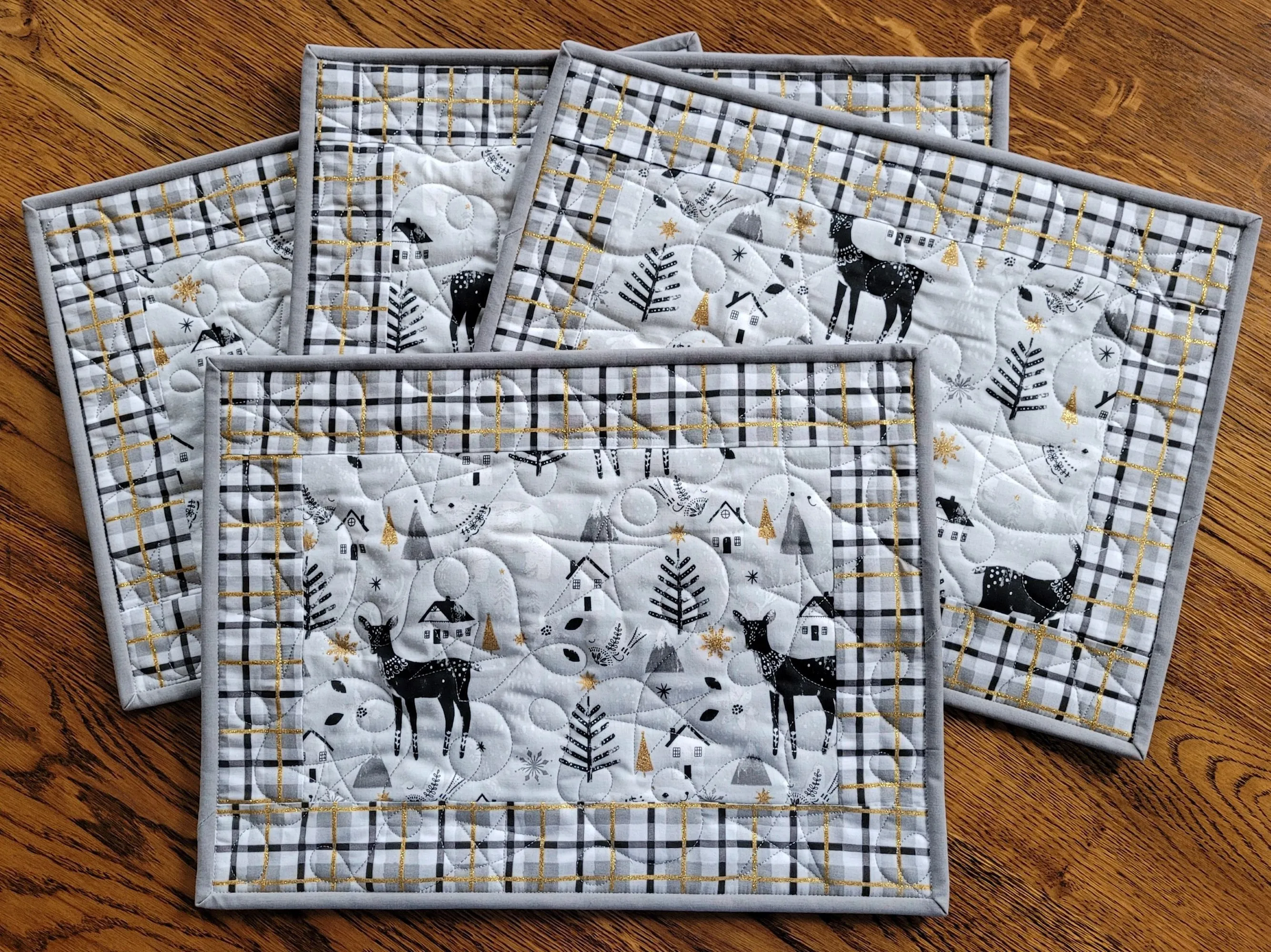 Quilted Winter Placemats | Christmas Table Decor | Snowy Village with Gold Metallic Stars