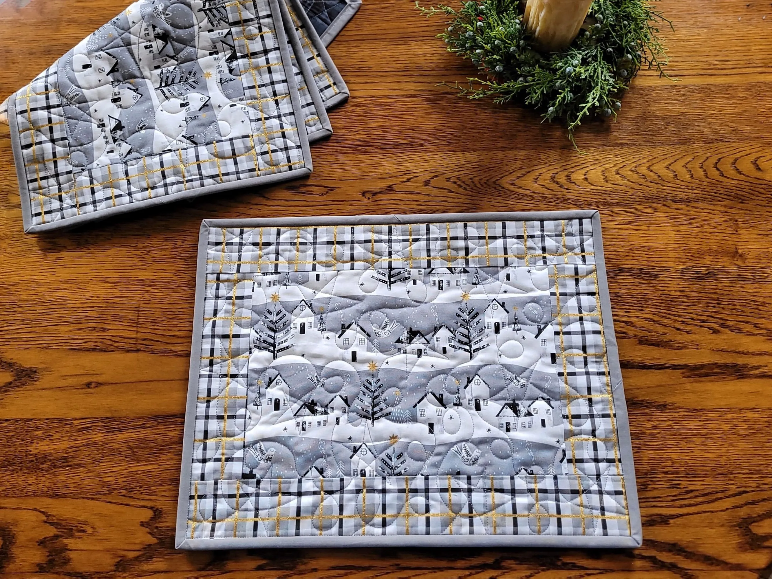 Quilted Winter Placemats | Christmas Table Decor | Snowy Village with Gold Metallic Stars